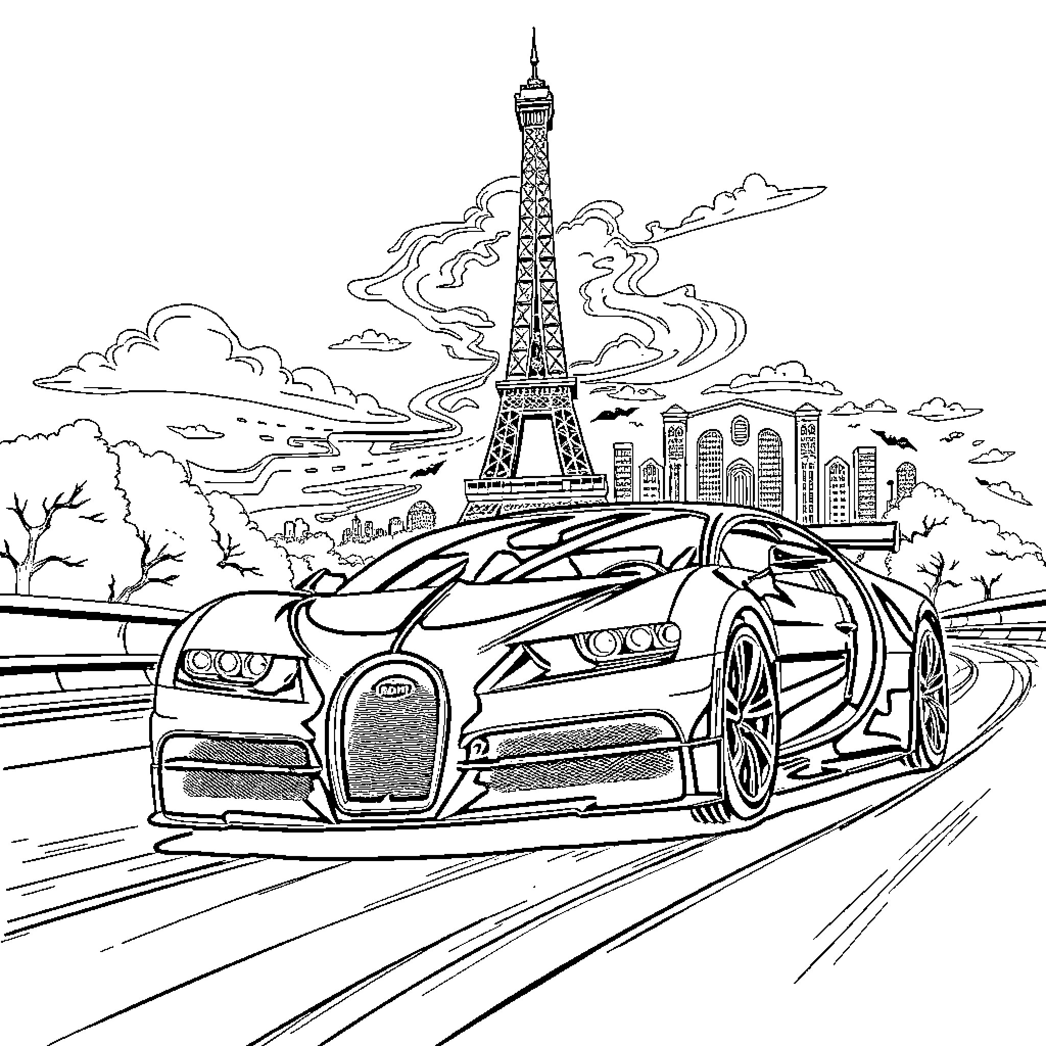 Bugatti racing through Parisian cityscape Coloring Page (free black-and-white line drawing printable PDF for all, from beginners to advanced learners, including children, teens, adults, and seniors)