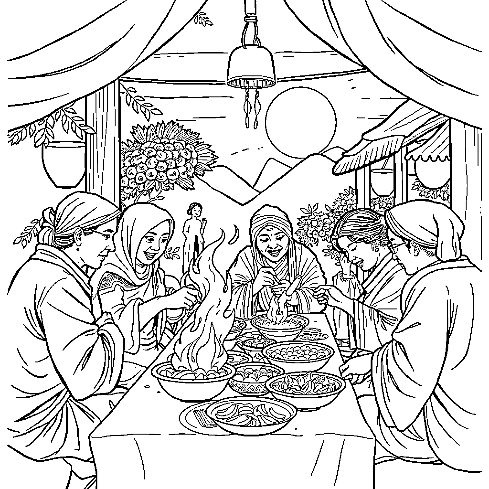 Tung Tung Gathering Around the Feast Coloring Page (free black-and-white line drawing printable PDF for all, from beginners to advanced learners, including children, teens, adults, and seniors)