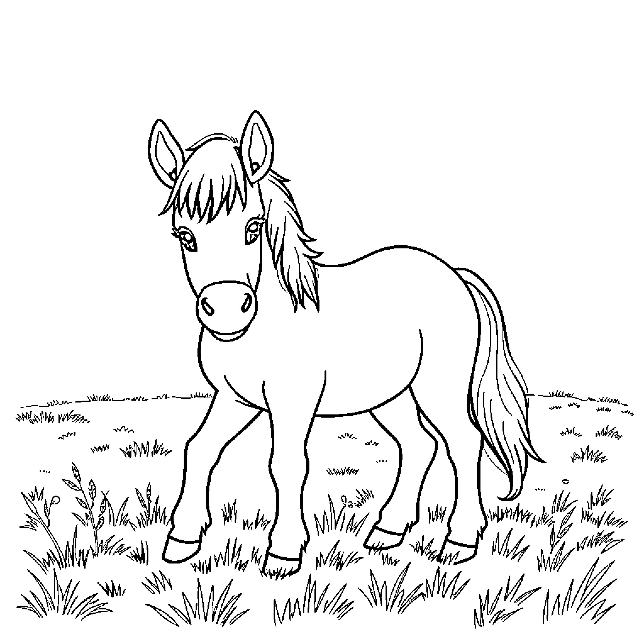 Pony exploring the grassy meadow Coloring Page (free black-and-white line drawing printable PDF for all, from beginners to advanced learners, including children, teens, adults, and seniors)