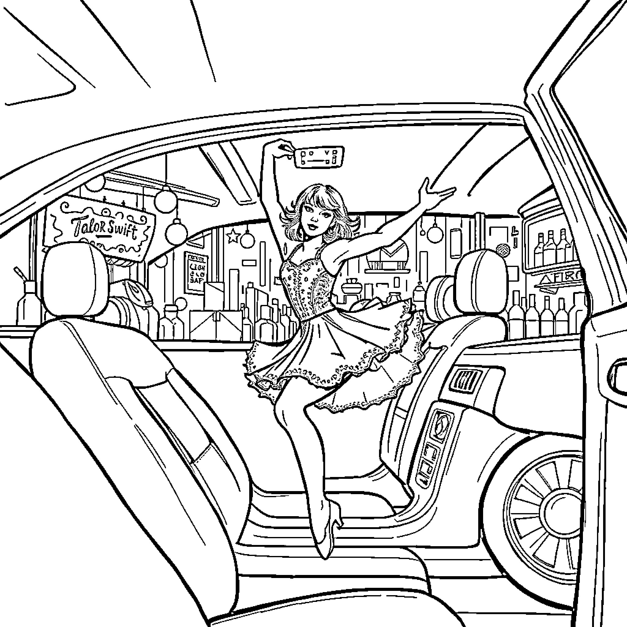 Taylor Swift performing in a limousine Coloring Page (free black-and-white line drawing printable PDF for all, from beginners to advanced learners, including children, teens, adults, and seniors)