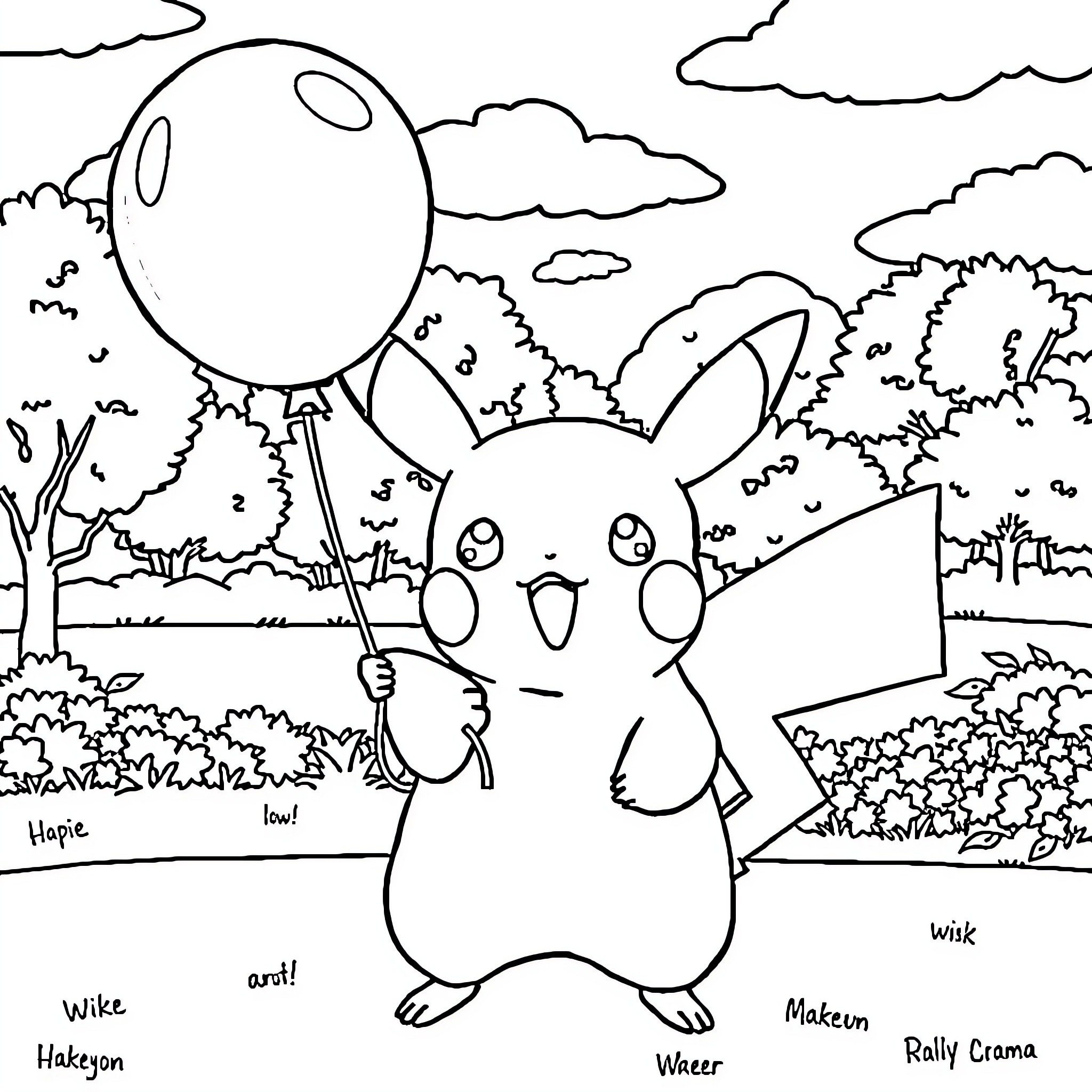 Pikachu enjoying a balloon in a colorful outdoor scene Coloring Page (free black-and-white line drawing printable PDF for all, from beginners to advanced learners, including children, teens, adults, and seniors)