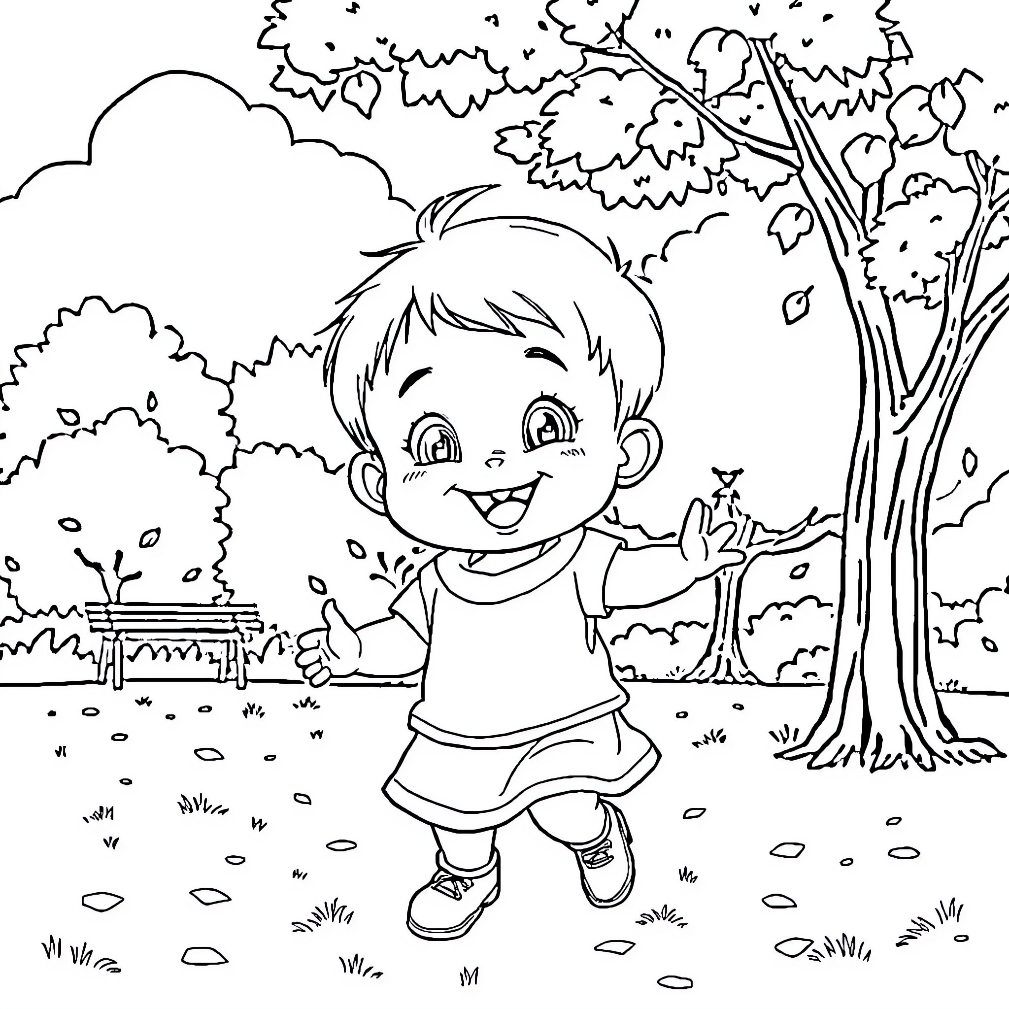AI Happy Boy Playing in Scenic Park Coloring Page (free black-and-white line drawing printable PDF for all, from beginners to advanced learners, including children, teens, adults, and seniors)
