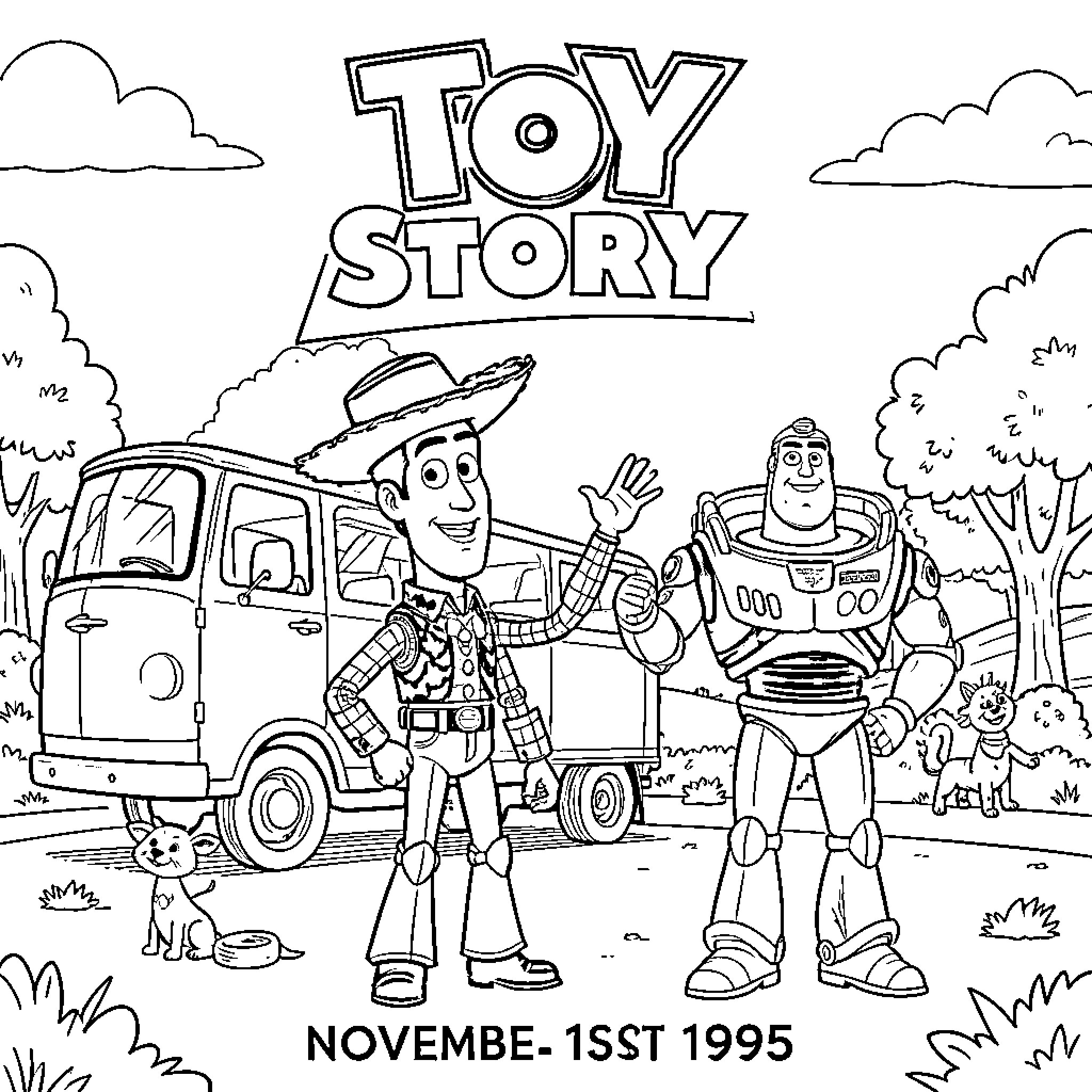Toy Story characters waving happily in front of a van Coloring Page (free black-and-white line drawing printable PDF for all, from beginners to advanced learners, including children, teens, adults, and seniors)