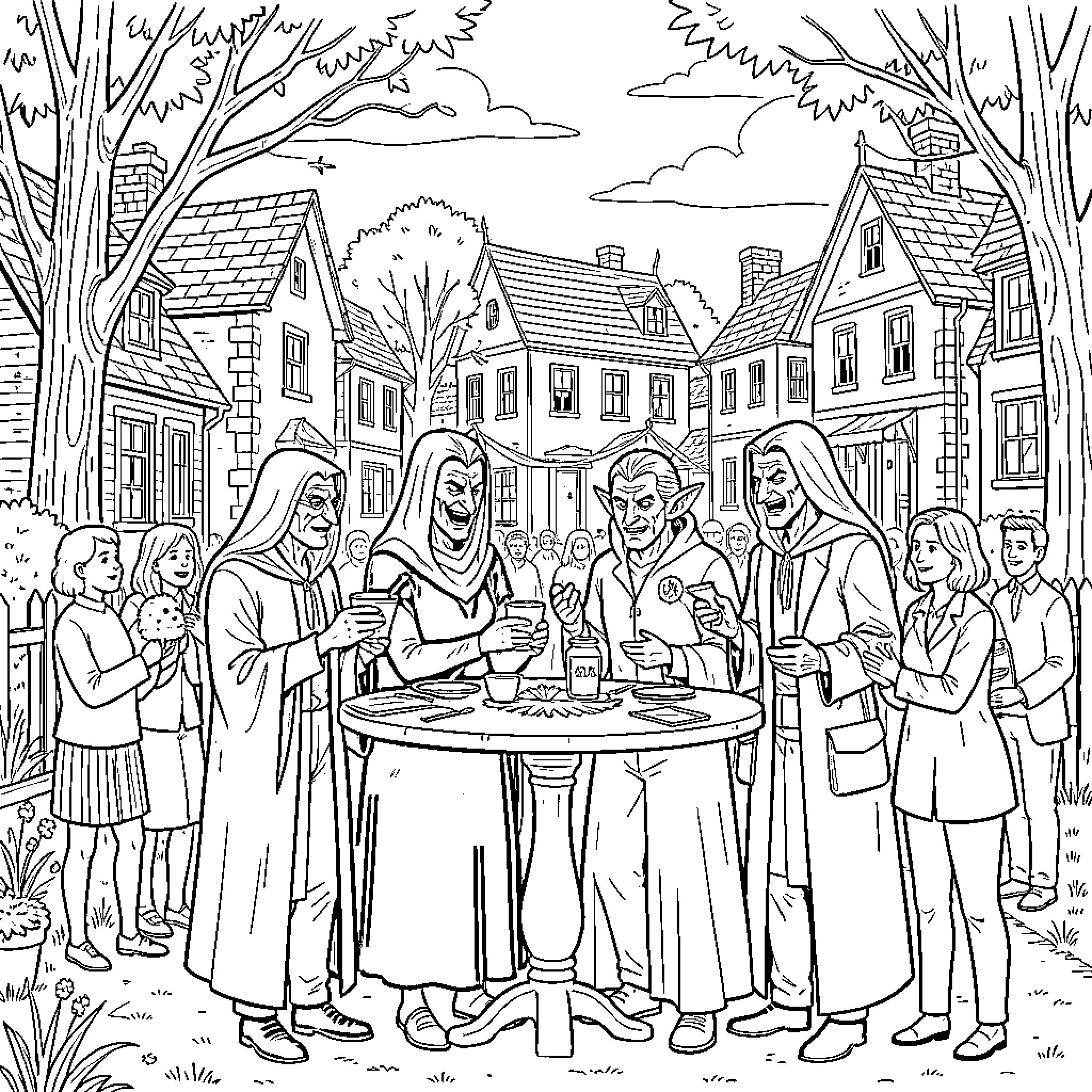 Cullen characters gathering around a table in a village Coloring Page (free black-and-white line drawing printable PDF for all, from beginners to advanced learners, including children, teens, adults, and seniors)