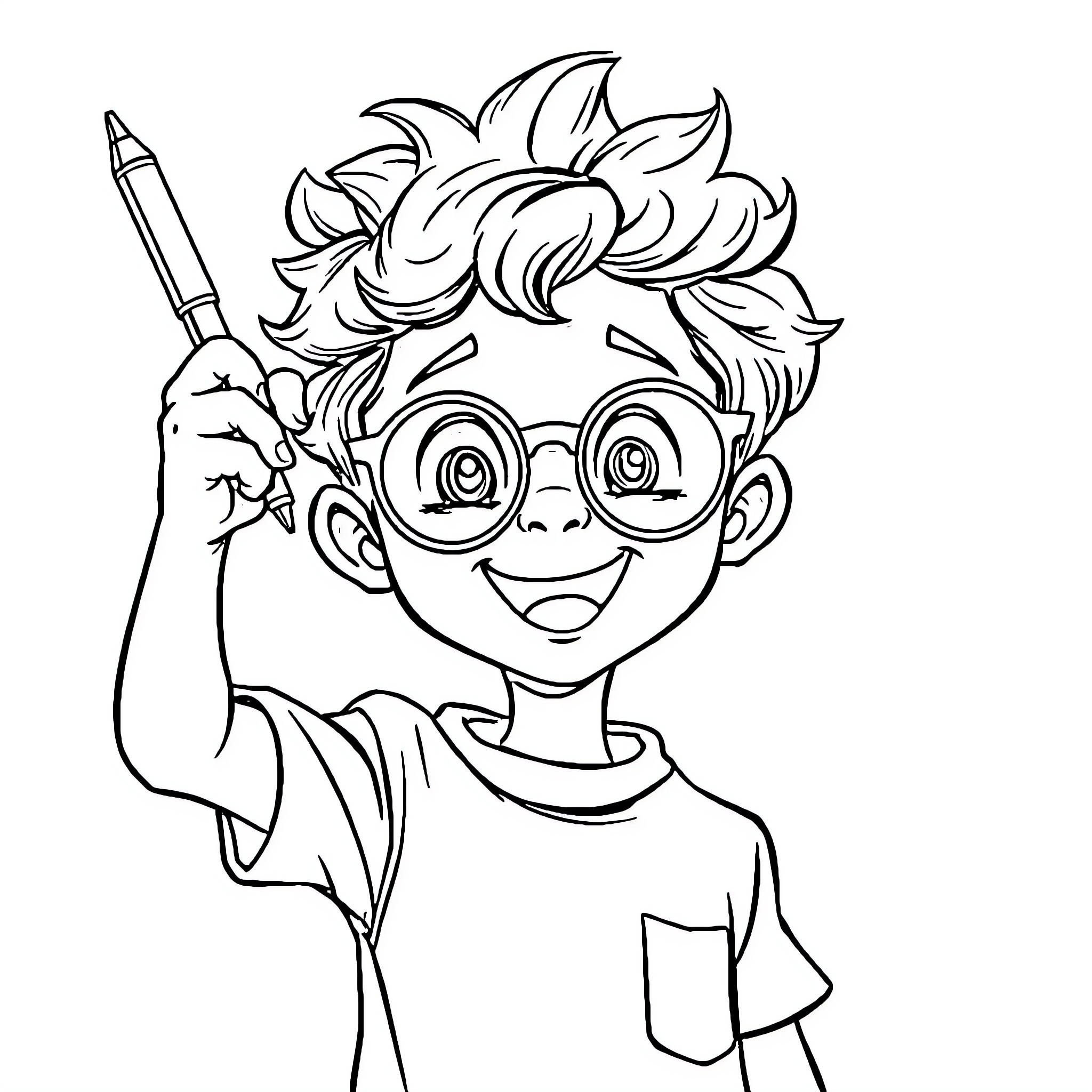 Boy happily holding a pencil with excited expression Coloring Page (free black-and-white line drawing printable PDF for all, from beginners to advanced learners, including children, teens, adults, and seniors)