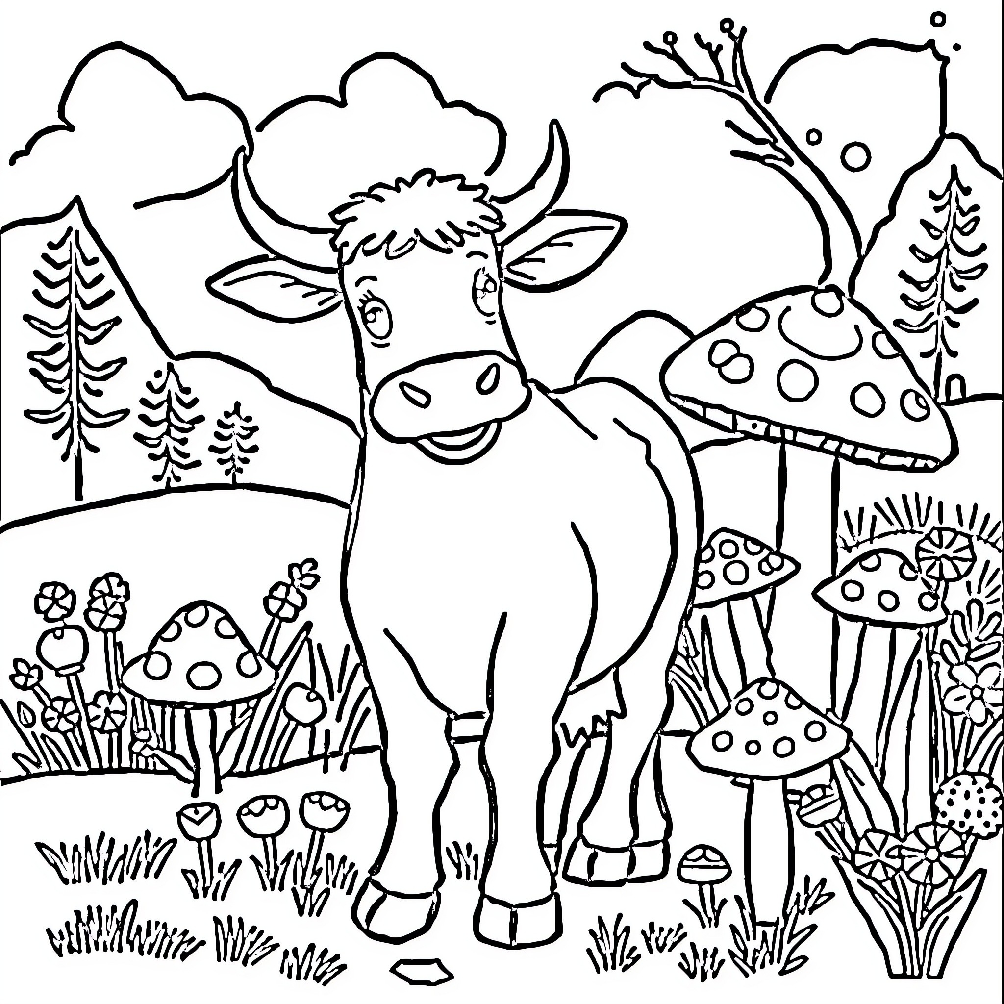 Cow in a whimsical forest scene Coloring Page (free black-and-white line drawing printable PDF for all, from beginners to advanced learners, including children, teens, adults, and seniors)