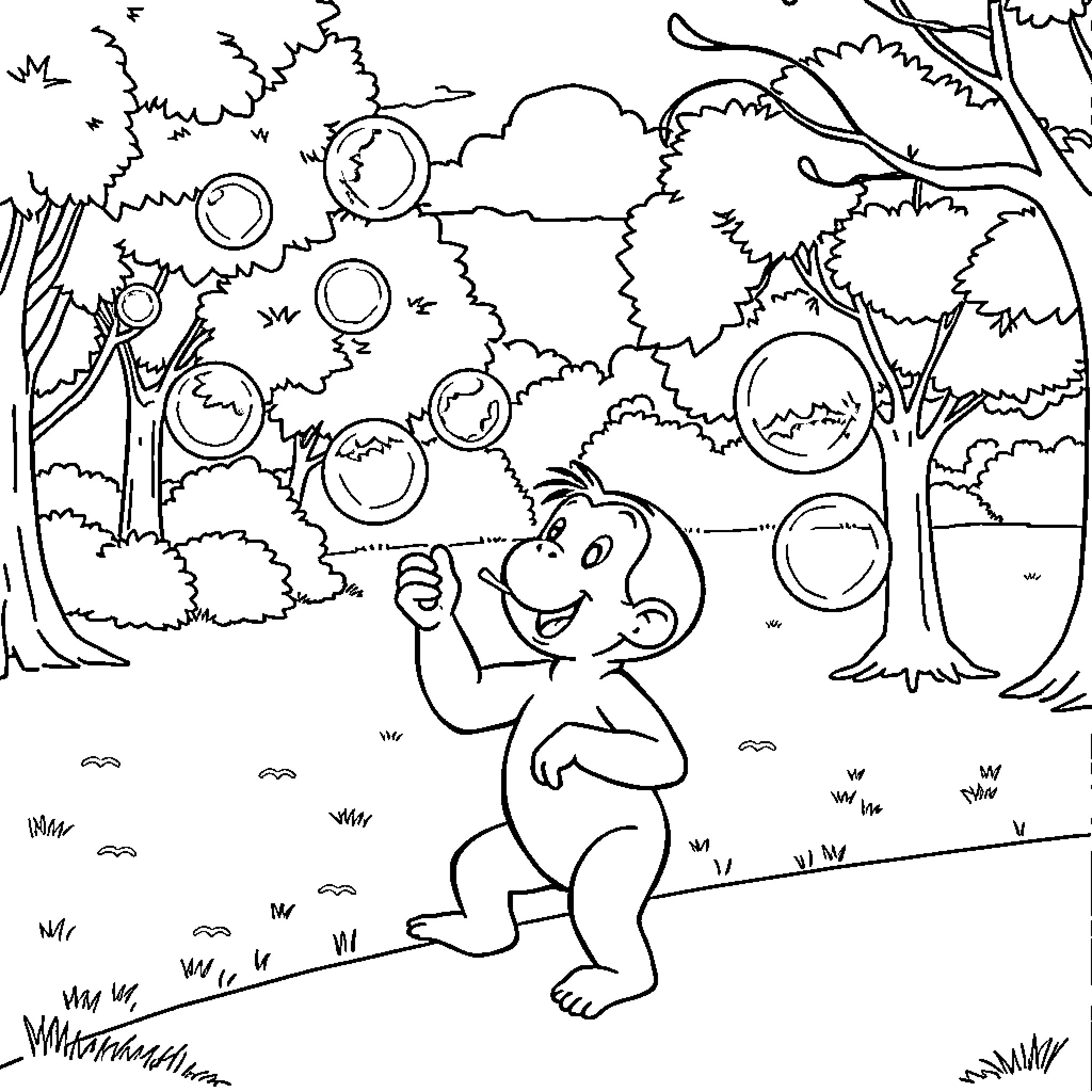 Curious George playing with bubbles in the forest Coloring Page (free black-and-white line drawing printable PDF for all, from beginners to advanced learners, including children, teens, adults, and seniors)
