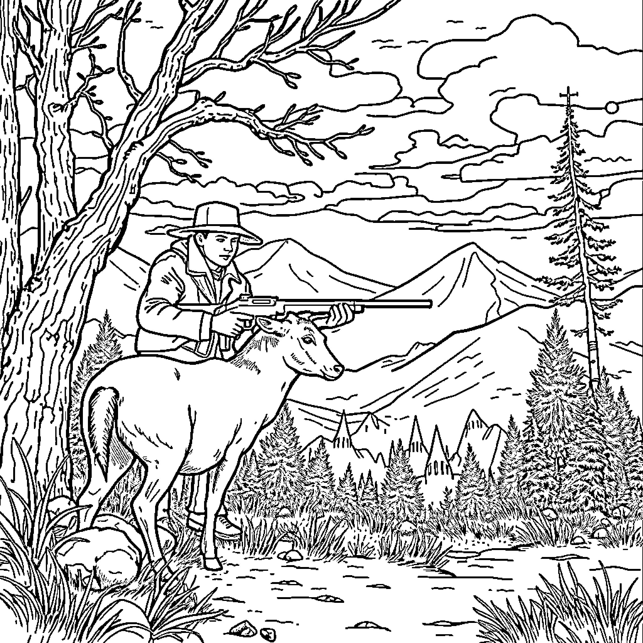 HUNTR/X Outdoorsman with rifle and deer in wilderness Coloring Page (free black-and-white line drawing printable PDF for all, from beginners to advanced learners, including children, teens, adults, and seniors)