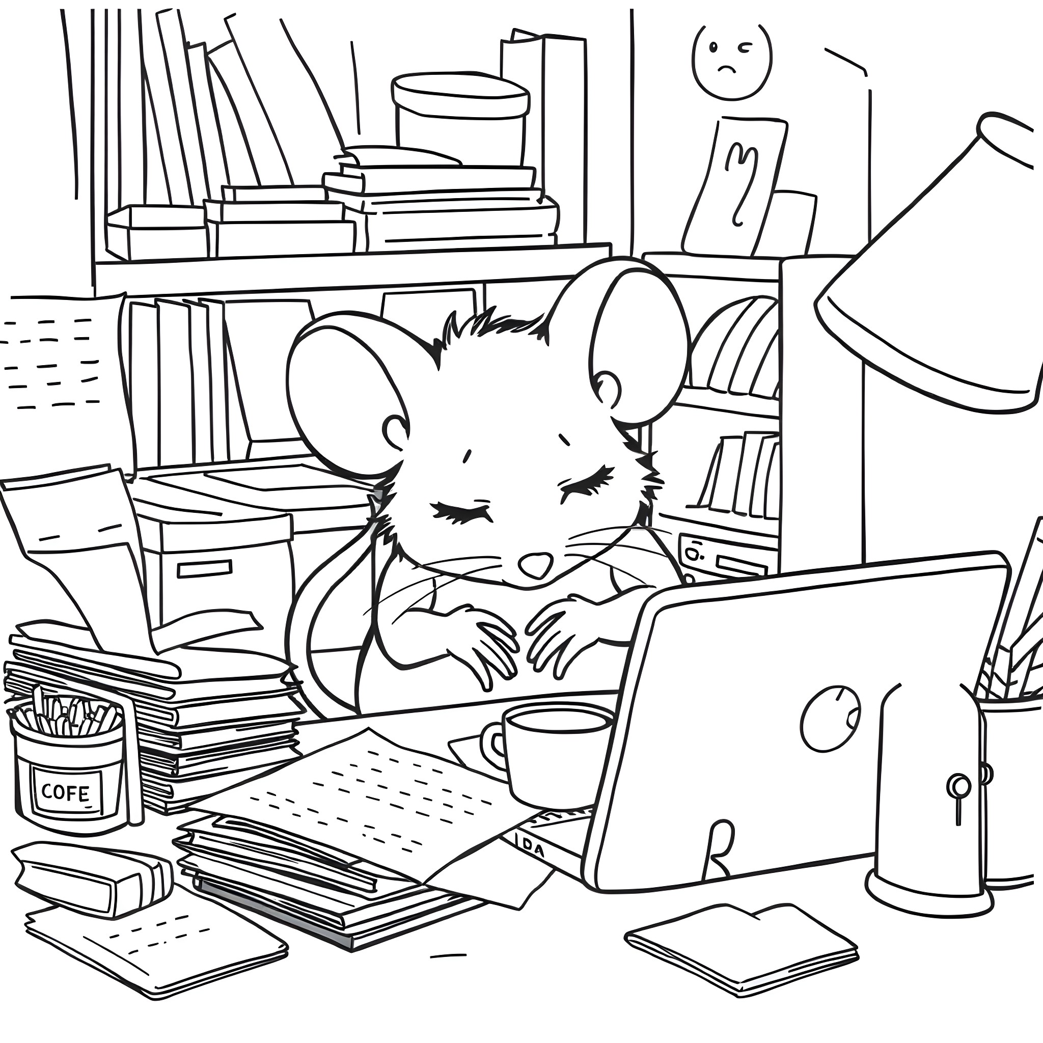 Mouse working diligently on computer in cluttered study Coloring Page (free black-and-white line drawing printable PDF for all, from beginners to advanced learners, including children, teens, adults, and seniors)