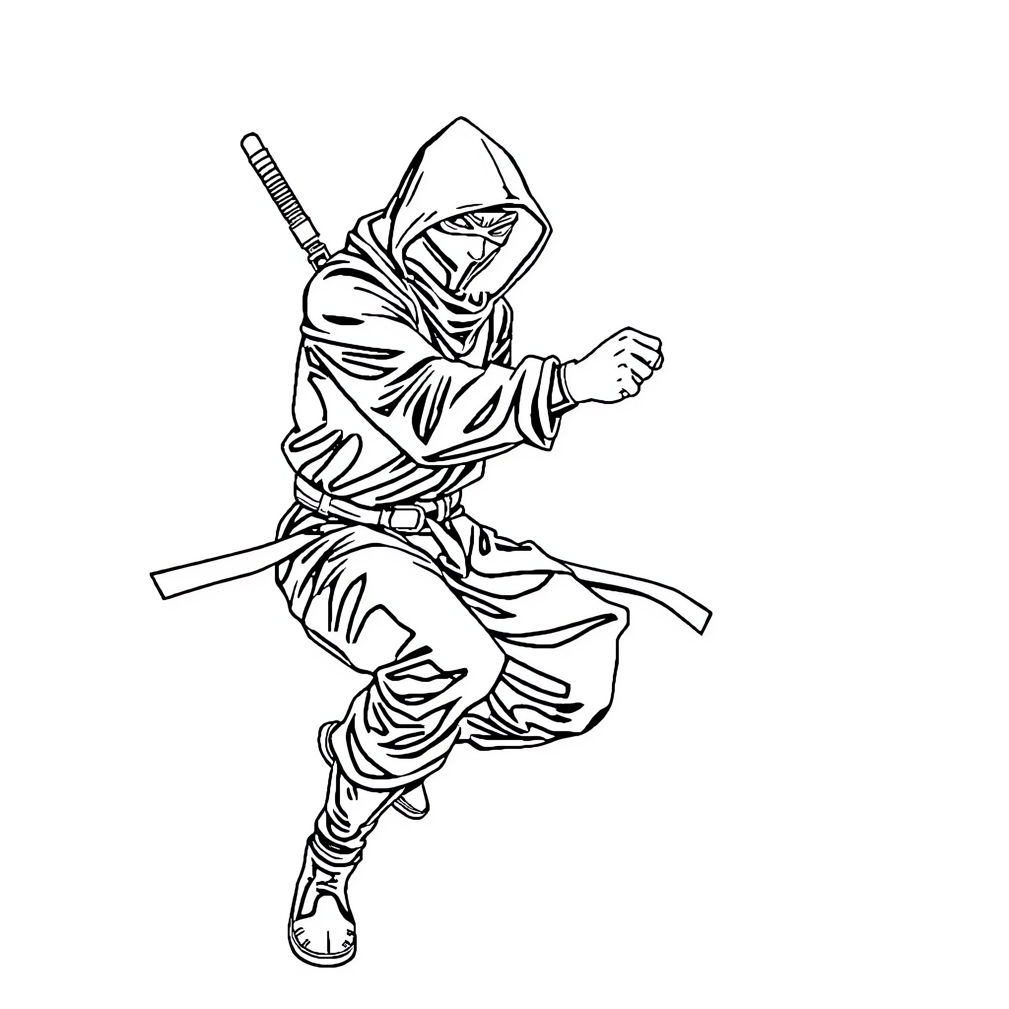 Ninja in action-packed pose with sword Coloring Page (free black-and-white line drawing printable PDF for all, from beginners to advanced learners, including children, teens, adults, and seniors)
