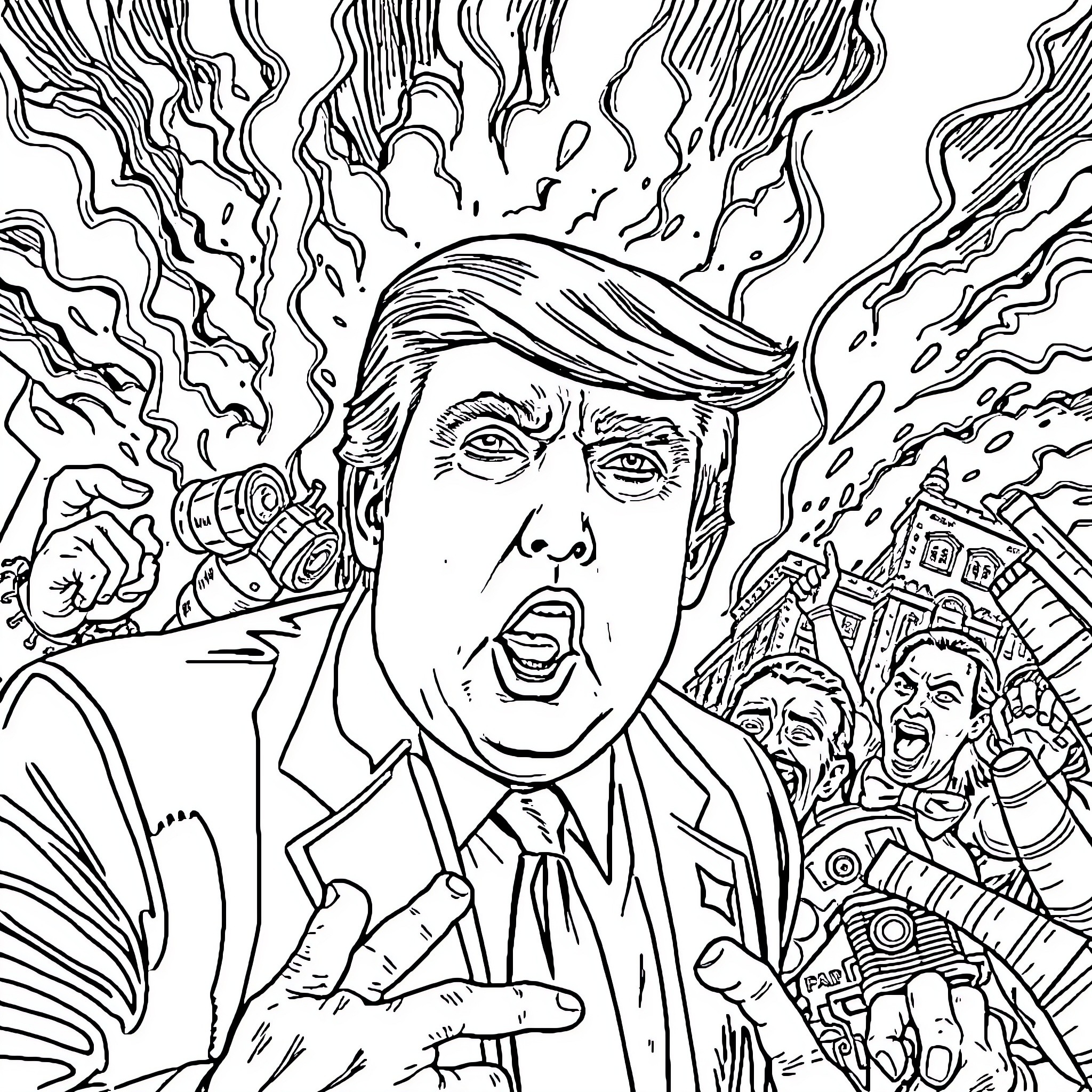 Donald Trump's Fiery Outburst amid Turbulent Scenes Coloring Page (free black-and-white line drawing printable PDF for all, from beginners to advanced learners, including children, teens, adults, and seniors)