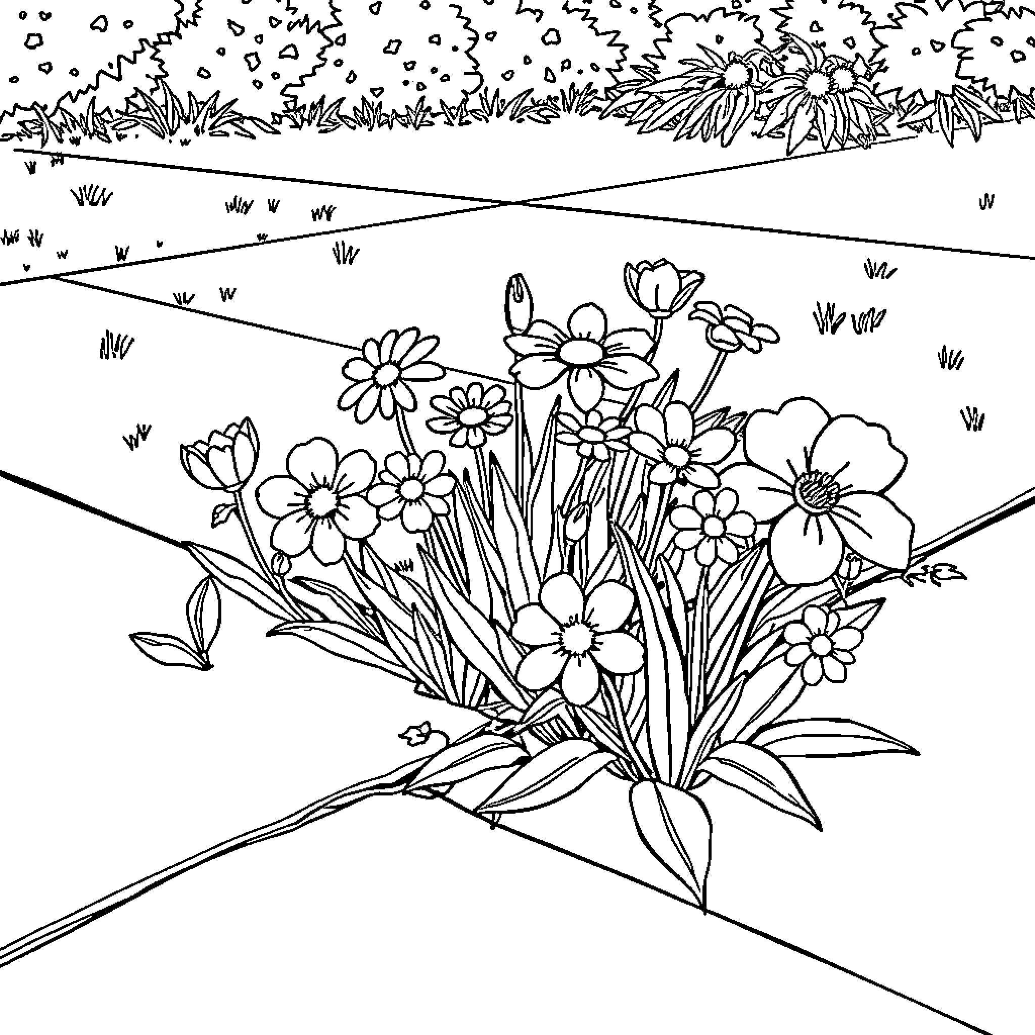 Flower Bouquet in Scenic Landscape Coloring Page (free black-and-white line drawing printable PDF for all, from beginners to advanced learners, including children, teens, adults, and seniors)