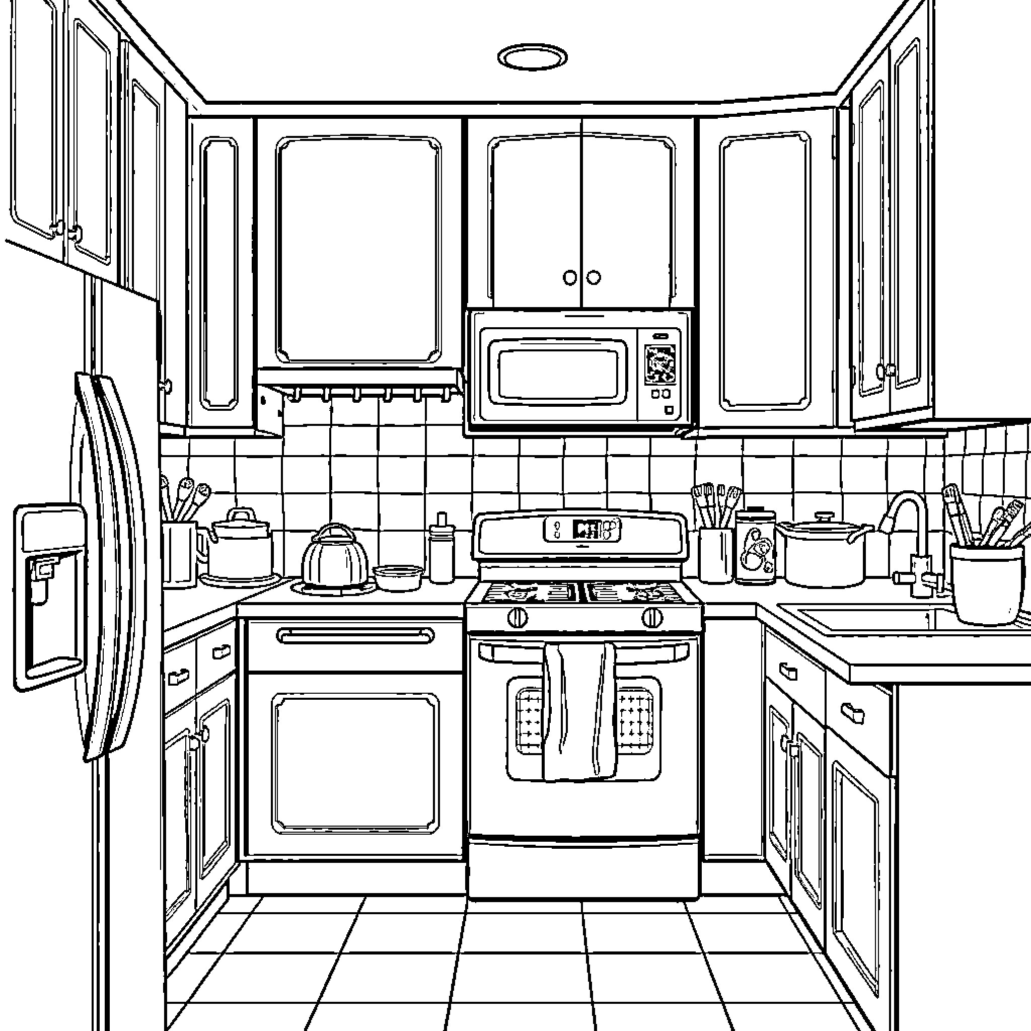 Kitchen with appliances and cooking utensils Coloring Page (free black-and-white line drawing printable PDF for all, from beginners to advanced learners, including children, teens, adults, and seniors)