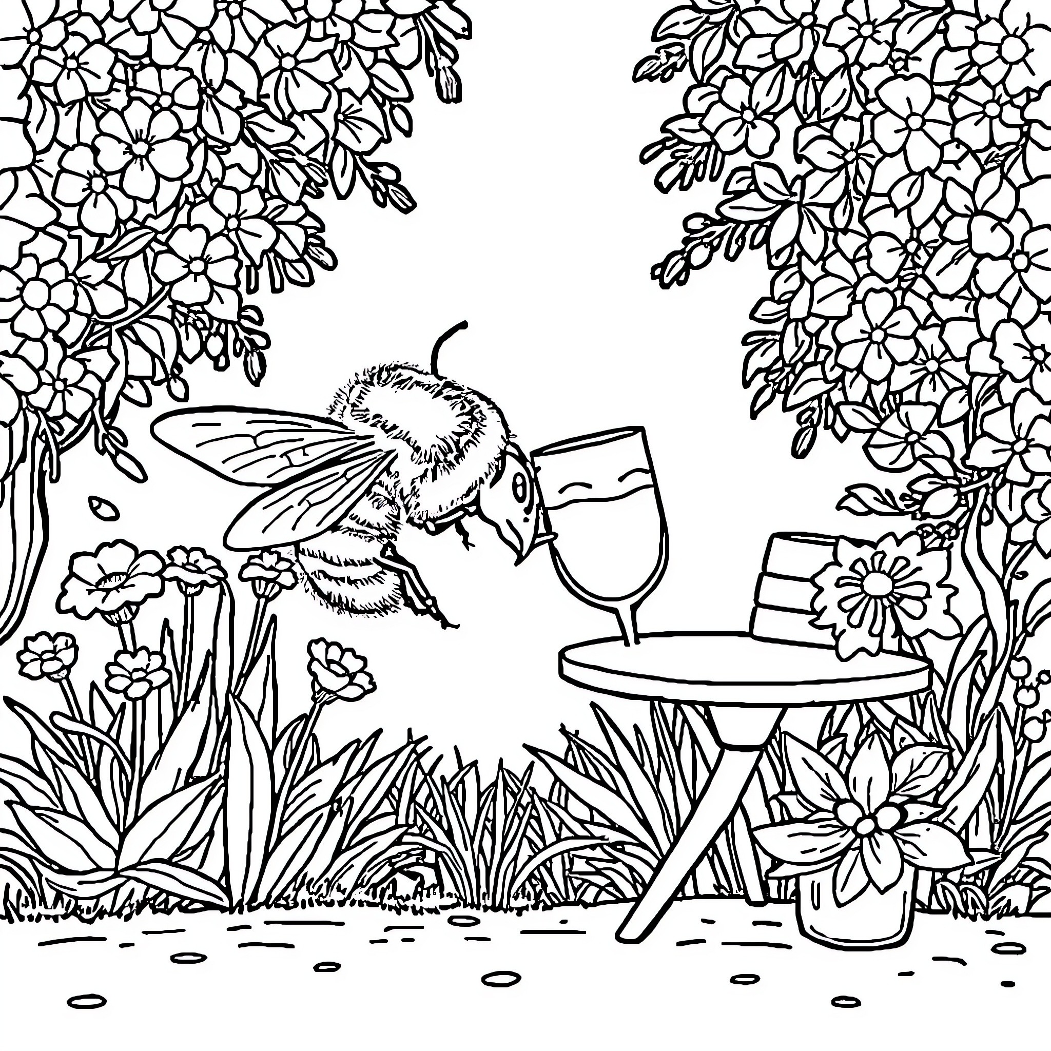 Bumblebee enjoying a glass of nectar in the garden Coloring Page (free black-and-white line drawing printable PDF for all, from beginners to advanced learners, including children, teens, adults, and seniors)