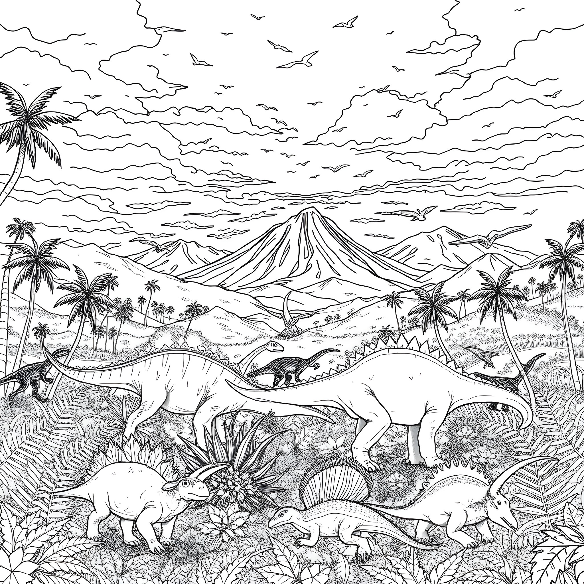 Dinosaur Gathering in a Prehistoric Landscape Coloring Page (free black-and-white line drawing printable PDF for all, from beginners to advanced learners, including children, teens, adults, and seniors)