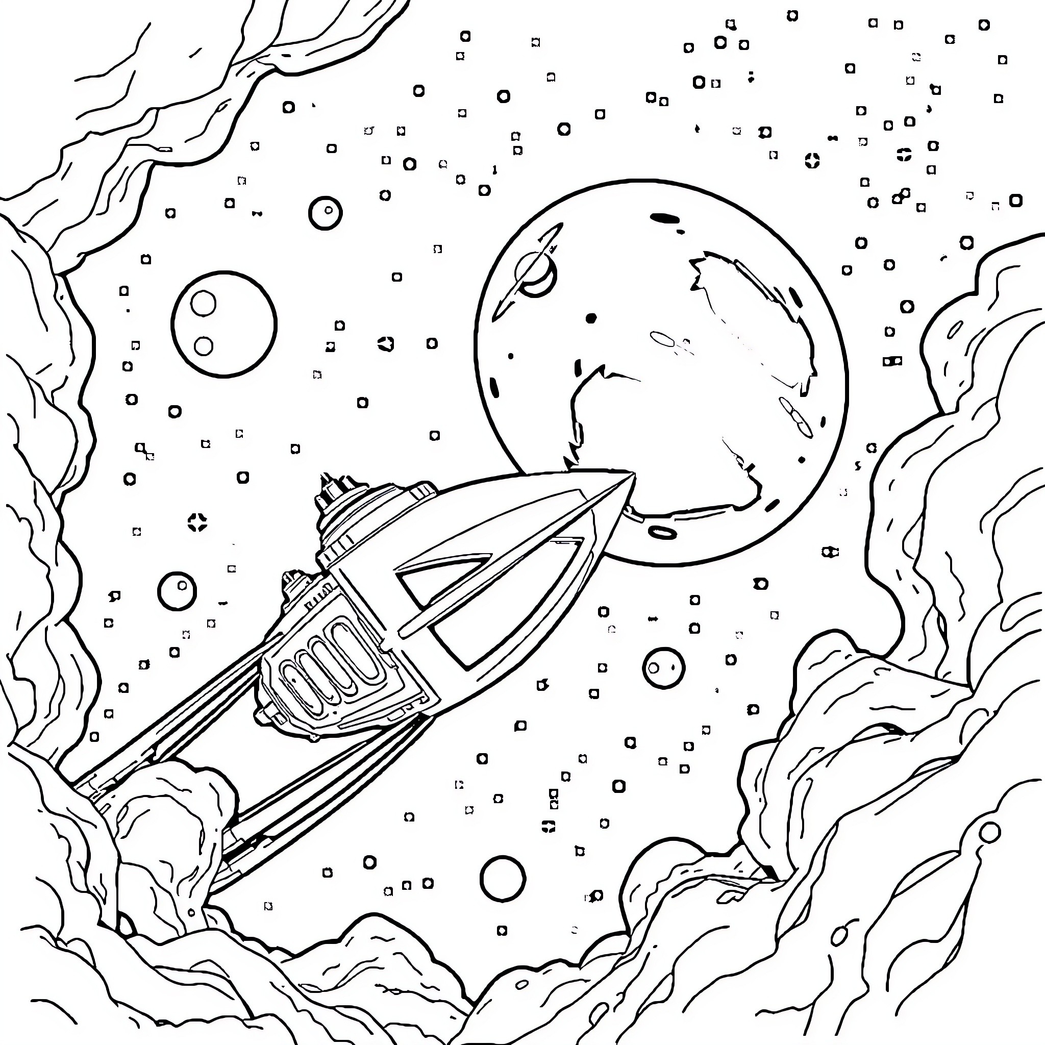 Spaceship exploring the mysterious cosmos Coloring Page (free black-and-white line drawing printable PDF for all, from beginners to advanced learners, including children, teens, adults, and seniors)