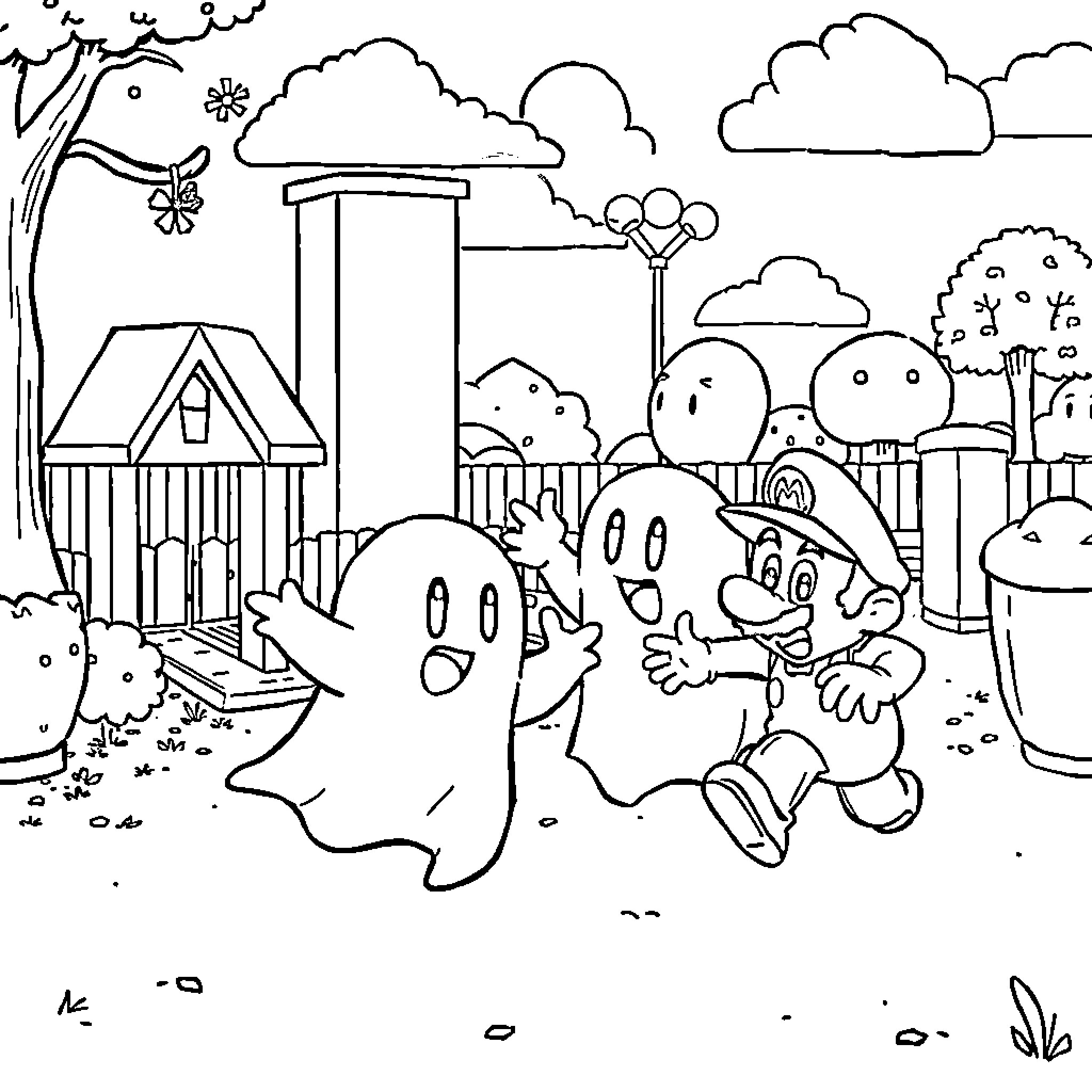 Ghost characters playing in spooky park setting Coloring Page (free black-and-white line drawing printable PDF for all, from beginners to advanced learners, including children, teens, adults, and seniors)