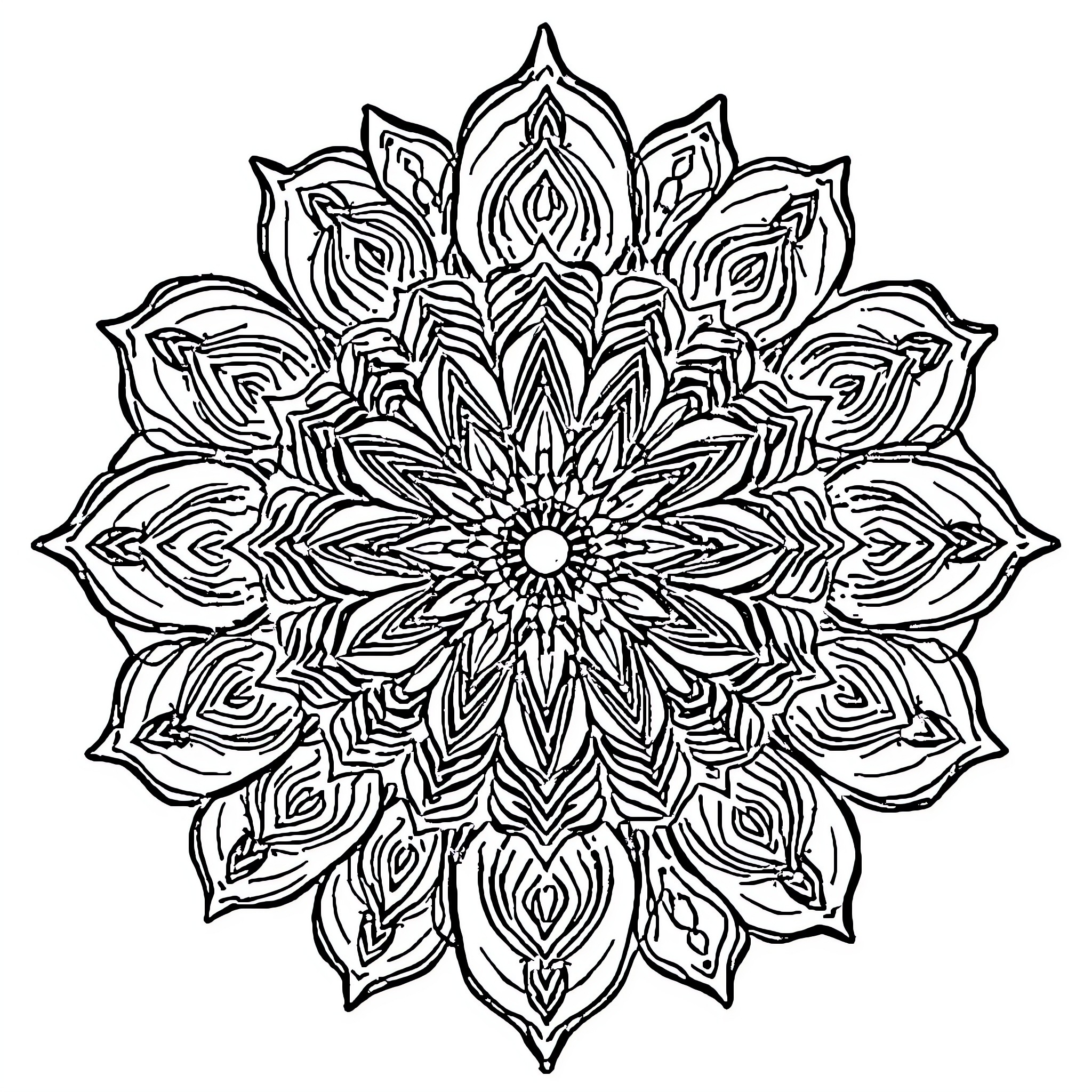 Mandala of intricate floral pattern Coloring Page (free black-and-white line drawing printable PDF for all, from beginners to advanced learners, including children, teens, adults, and seniors)