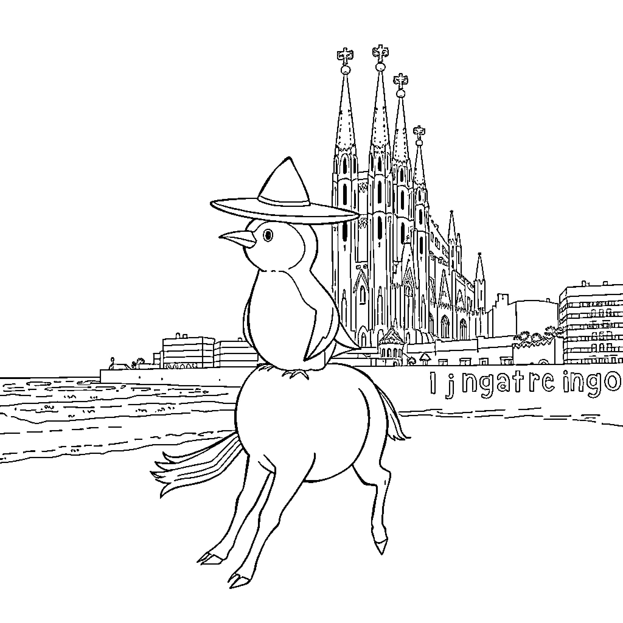 Pingüino exploring the city with a sombrero Coloring Page (free black-and-white line drawing printable PDF for all, from beginners to advanced learners, including children, teens, adults, and seniors)