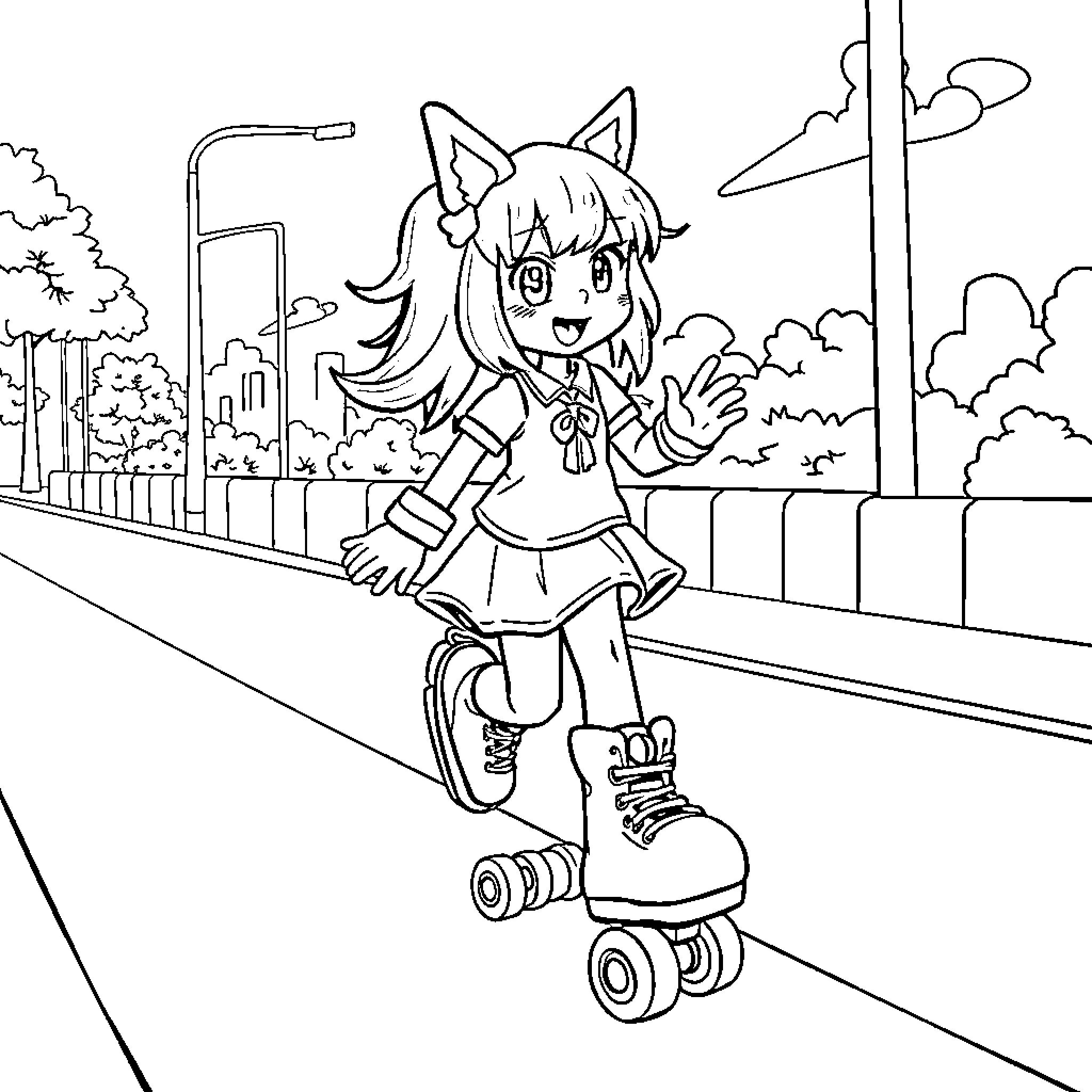Kuromi roller skating in the city Coloring Page (free black-and-white line drawing printable PDF for all, from beginners to advanced learners, including children, teens, adults, and seniors)