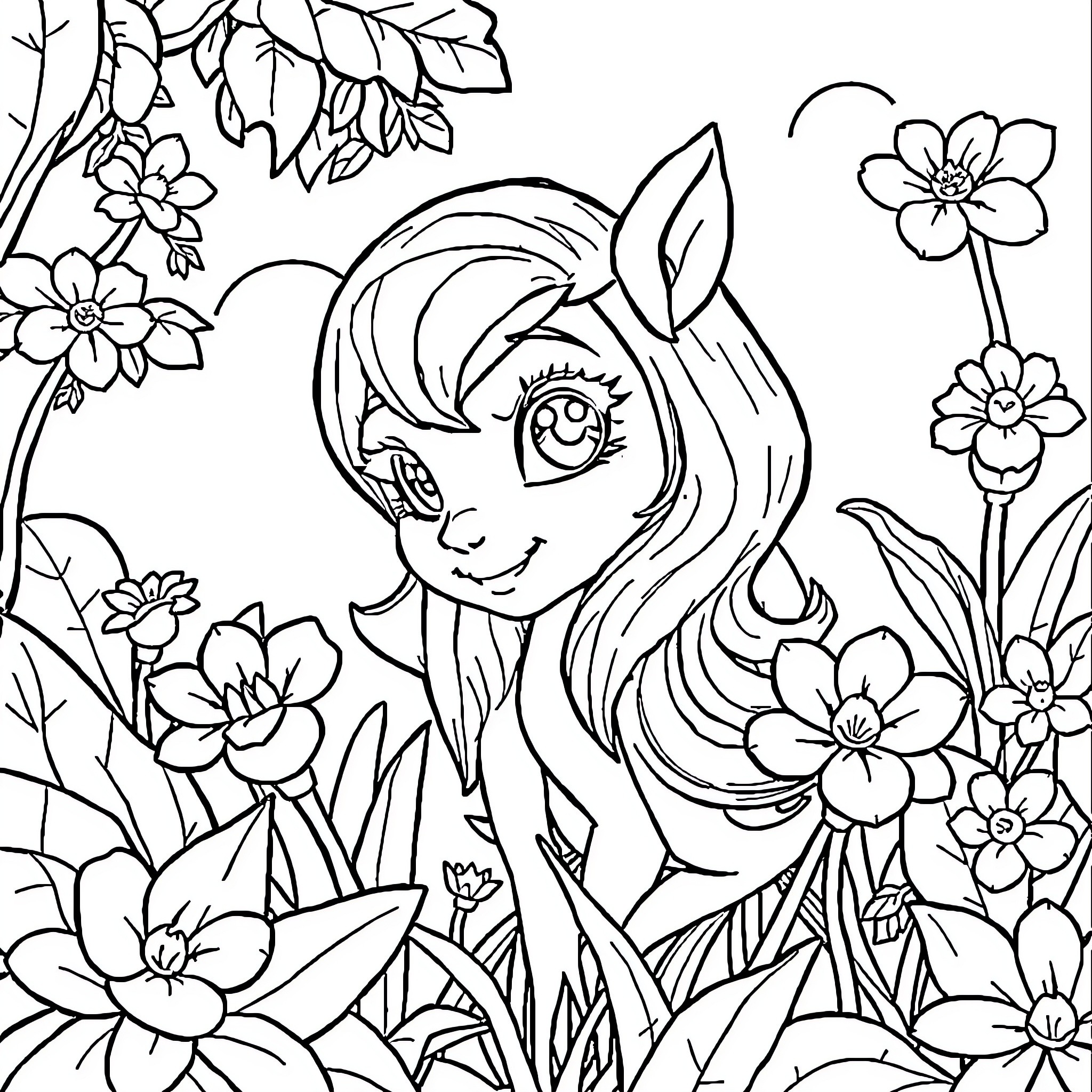 Animal character surrounded by floral garden Coloring Page (free black-and-white line drawing printable PDF for all, from beginners to advanced learners, including children, teens, adults, and seniors)