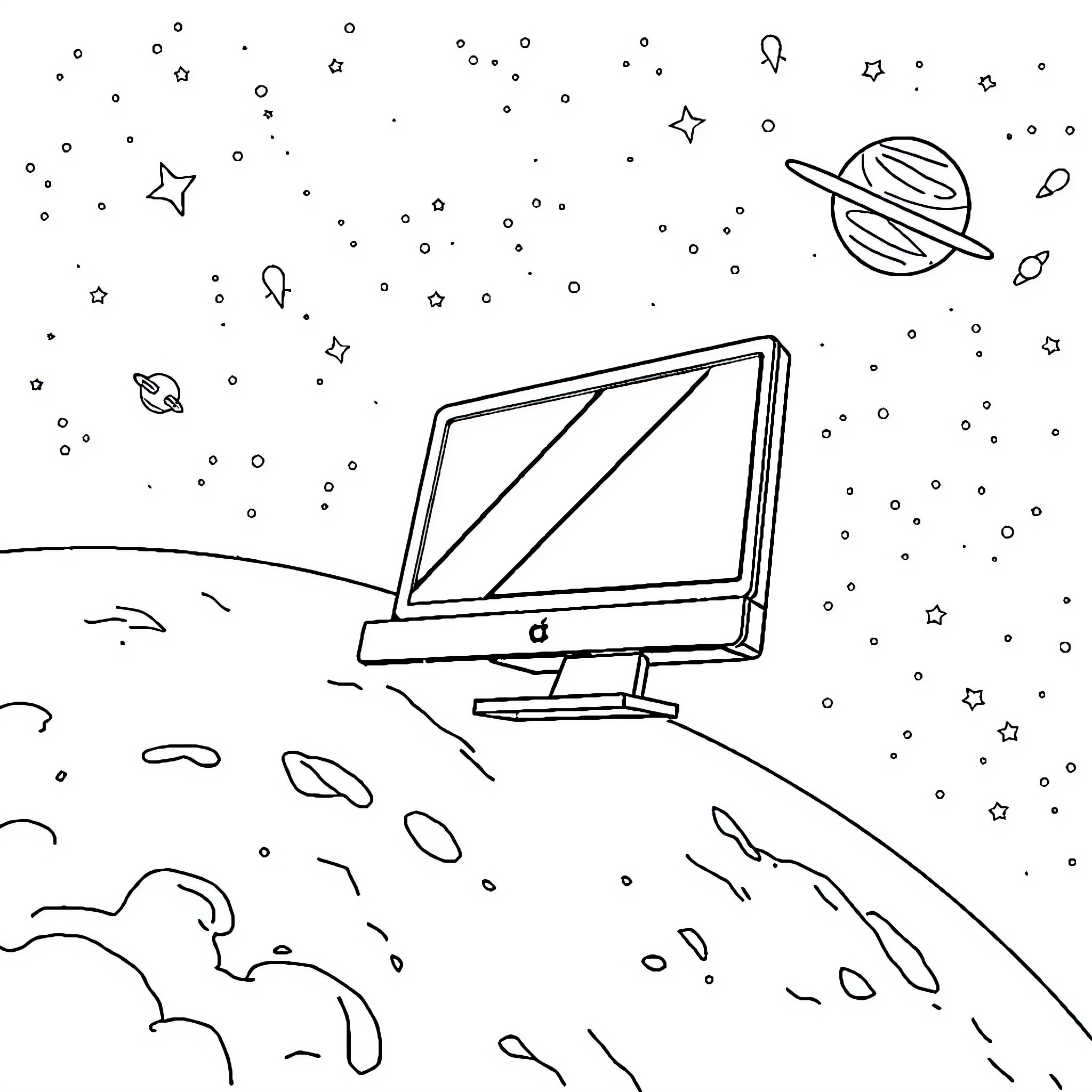 Desktop Computer in Cosmic Landscape Coloring Page (free black-and-white line drawing printable PDF for all, from beginners to advanced learners, including children, teens, adults, and seniors)