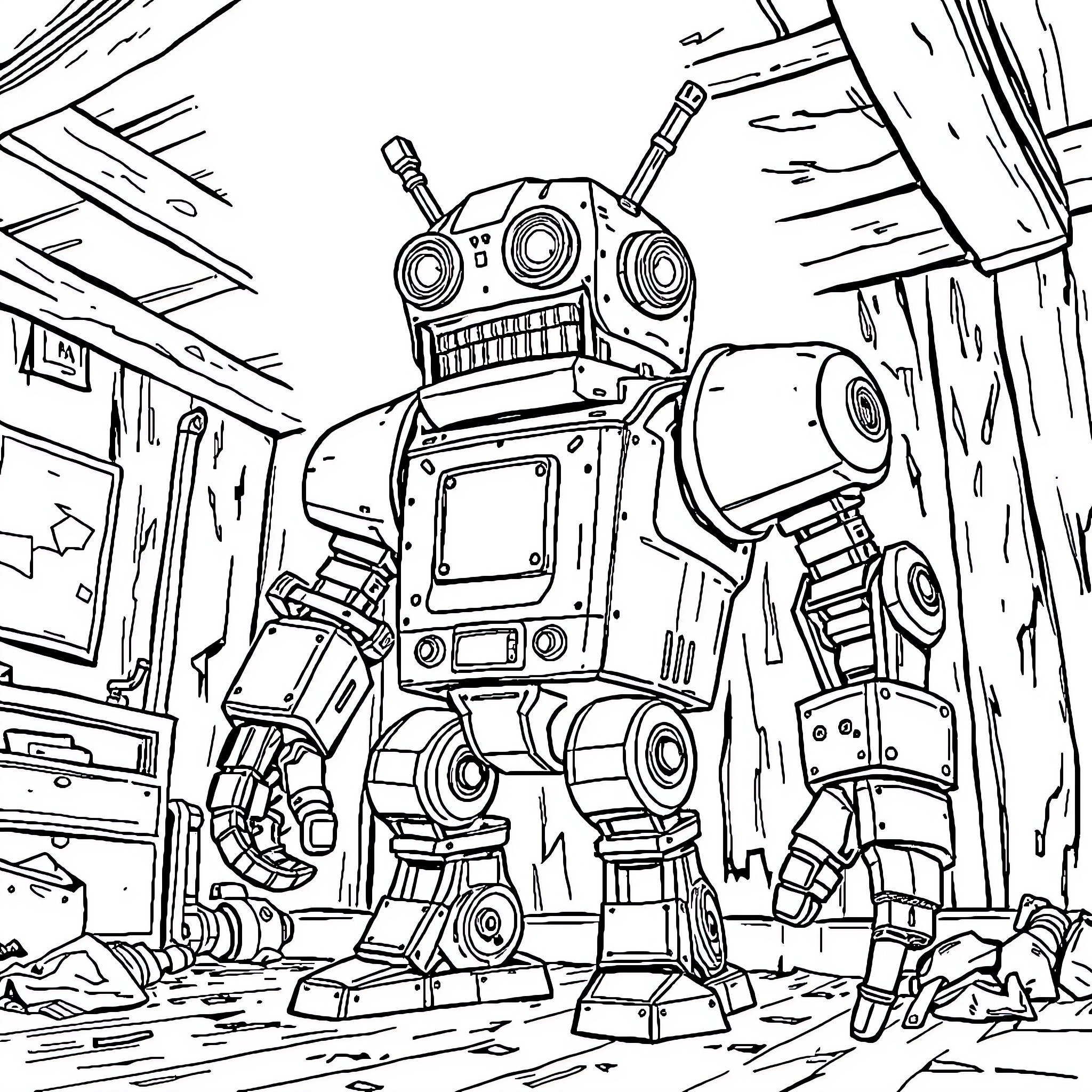 ClankER robots in a chaotic workshop scene Coloring Page (free black-and-white line drawing printable PDF for all, from beginners to advanced learners, including children, teens, adults, and seniors)