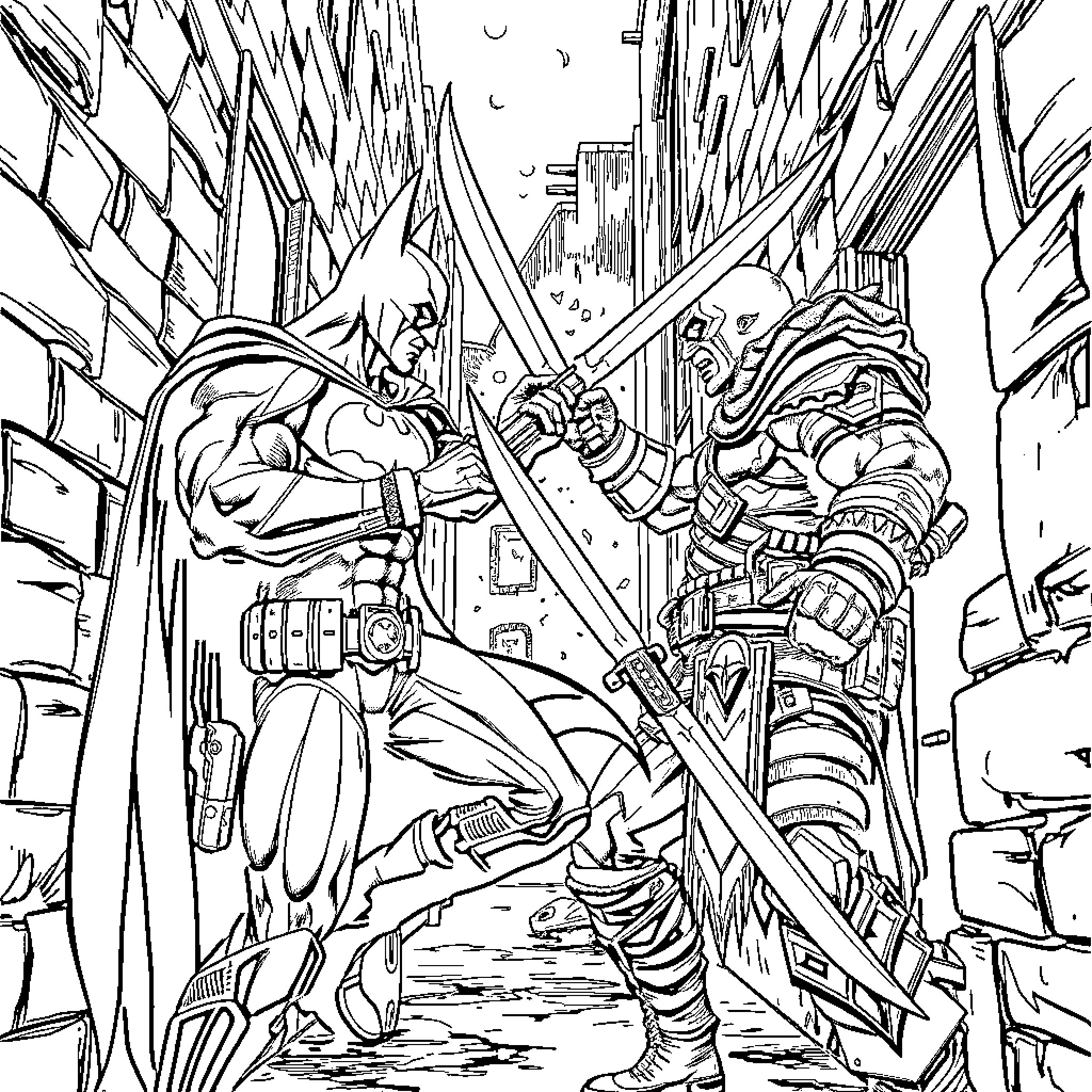 Batman in an intense battle with a powerful foe Coloring Page (free black-and-white line drawing printable PDF for all, from beginners to advanced learners, including children, teens, adults, and seniors)