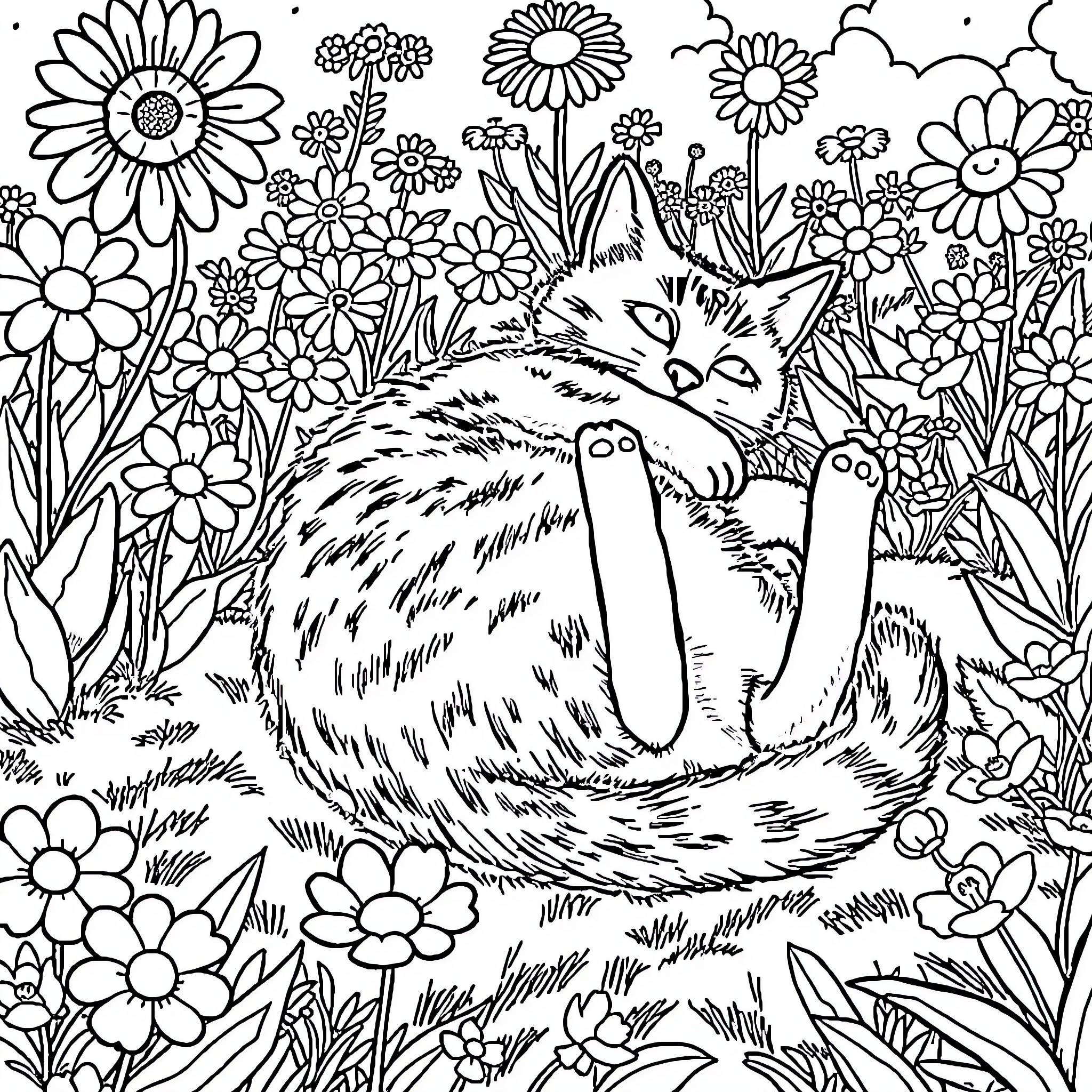Cat hiding in a flower garden Coloring Page (free black-and-white line drawing printable PDF for all, from beginners to advanced learners, including children, teens, adults, and seniors)