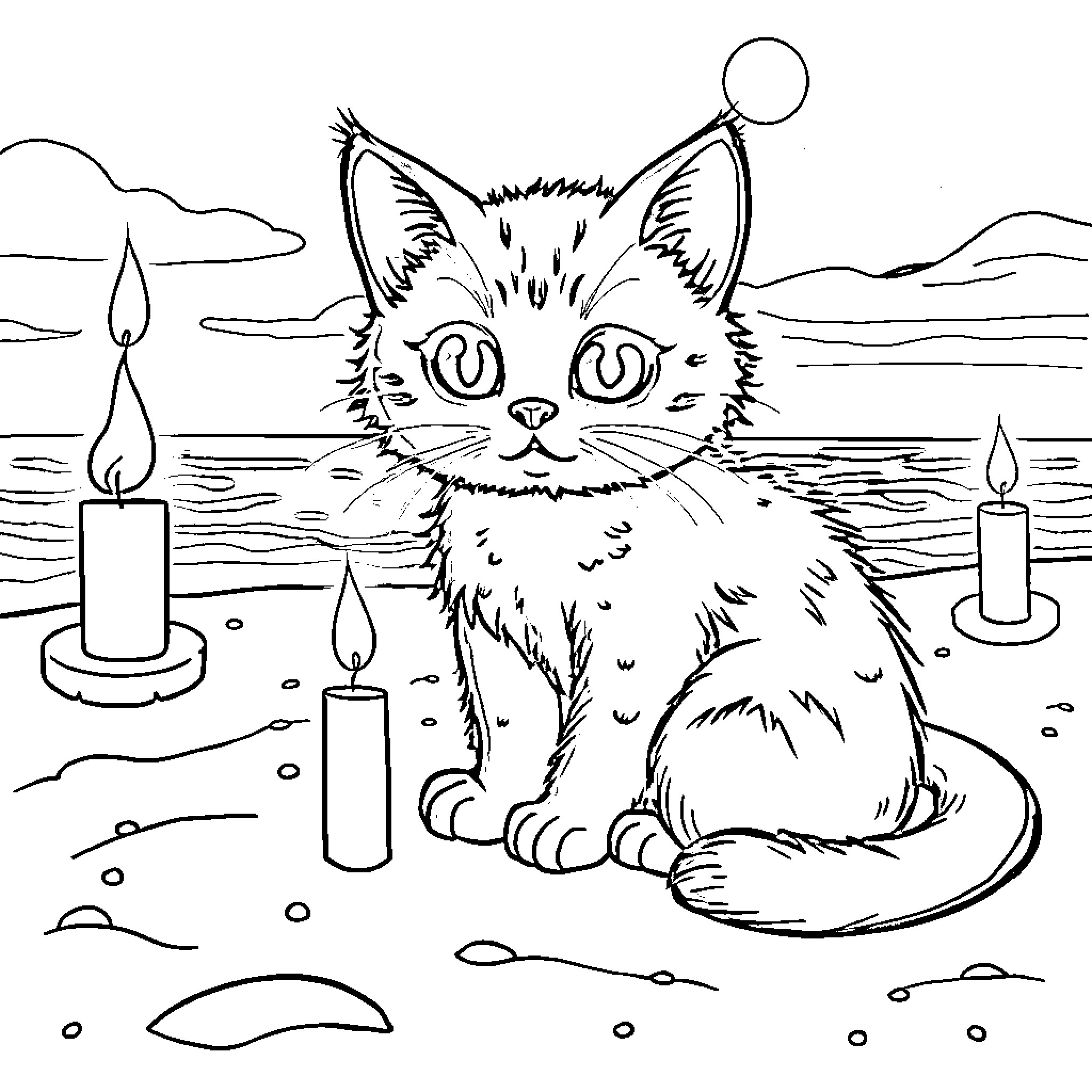 Cat sitting by candles in serene landscape Coloring Page (free black-and-white line drawing printable PDF for all, from beginners to advanced learners, including children, teens, adults, and seniors)