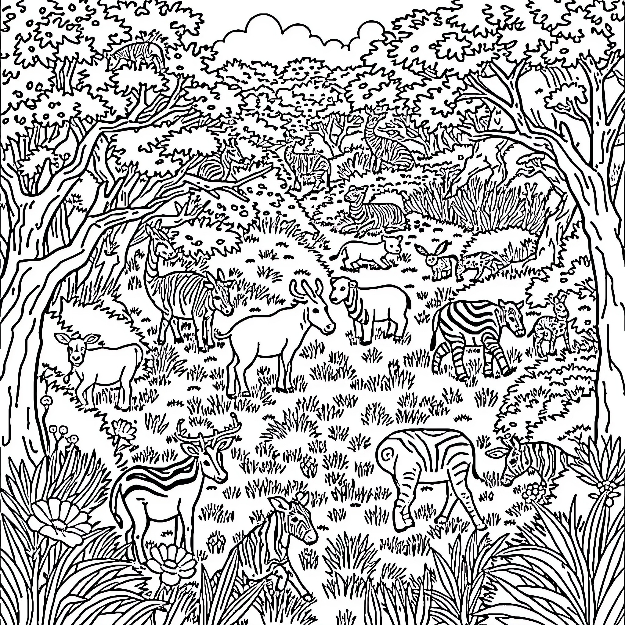 Animal gathering in the lush forest landscape Coloring Page (free black-and-white line drawing printable PDF for all, from beginners to advanced learners, including children, teens, adults, and seniors)