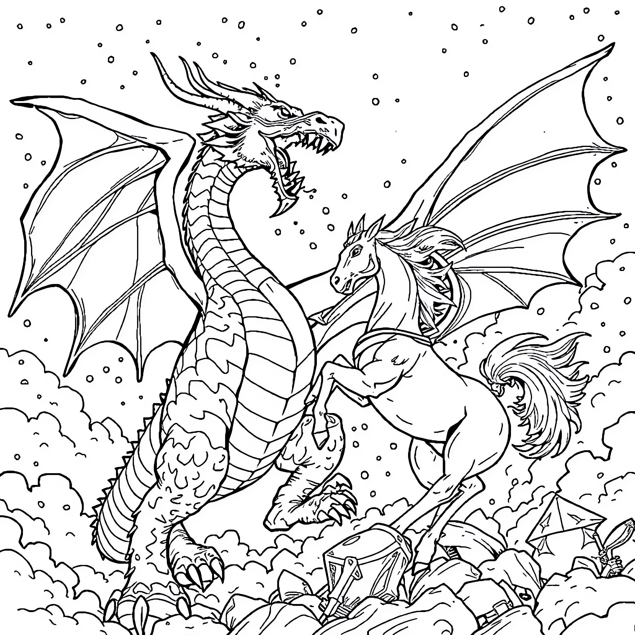 Dragon and pegasus soaring through the night sky Coloring Page (free black-and-white line drawing printable PDF for all, from beginners to advanced learners, including children, teens, adults, and seniors)