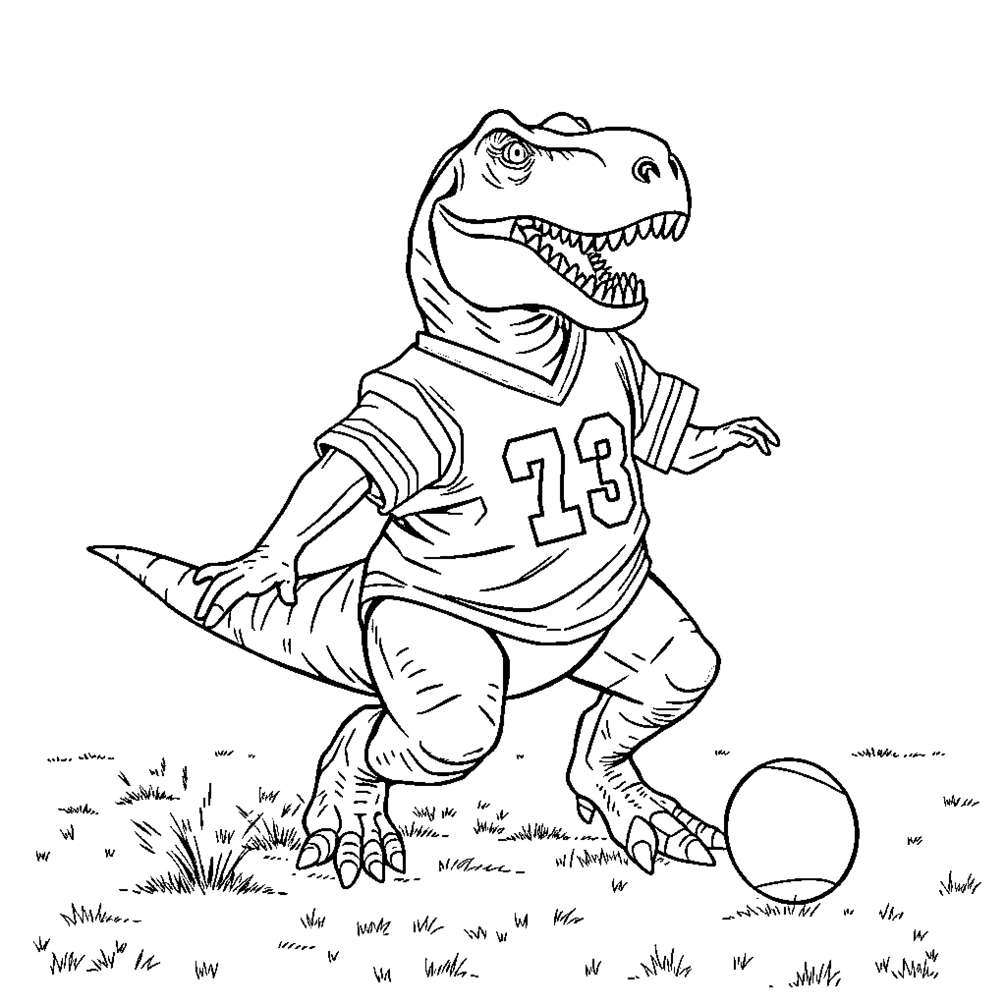 T-Rex playing football in the park Coloring Page (free black-and-white line drawing printable PDF for all, from beginners to advanced learners, including children, teens, adults, and seniors)