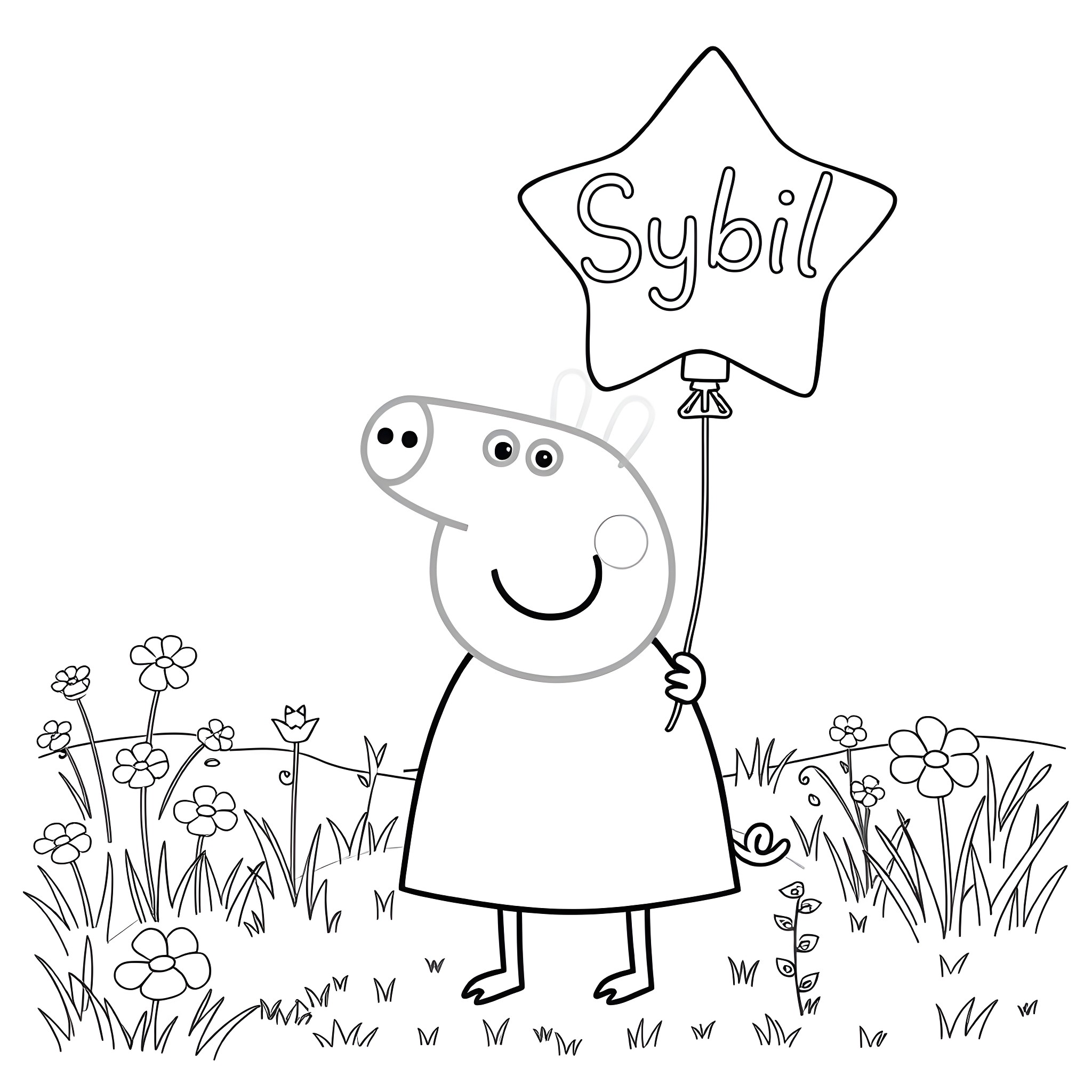 Peppa Pig holding a Sybil star balloon in a meadow Coloring Page (free black-and-white line drawing printable PDF for all, from beginners to advanced learners, including children, teens, adults, and seniors)