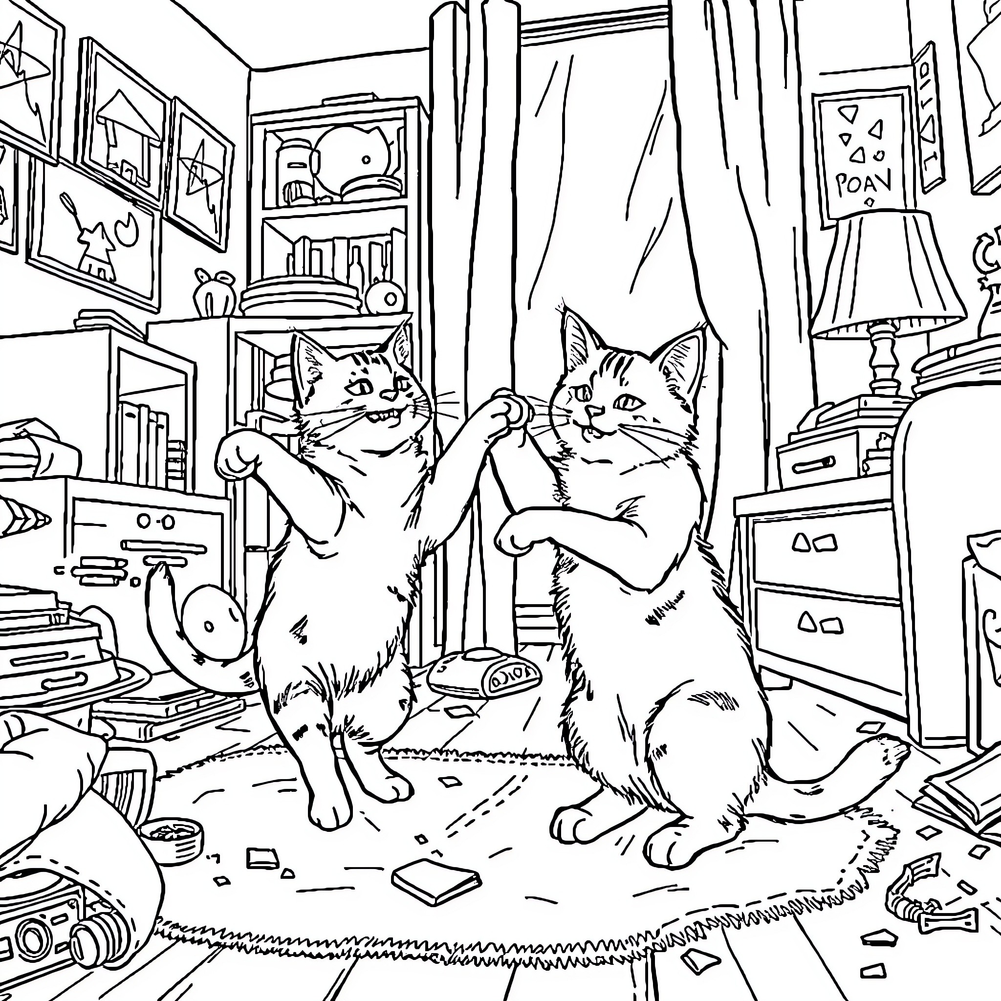 Cats exploring the messy interior of a room Coloring Page (free black-and-white line drawing printable PDF for all, from beginners to advanced learners, including children, teens, adults, and seniors)