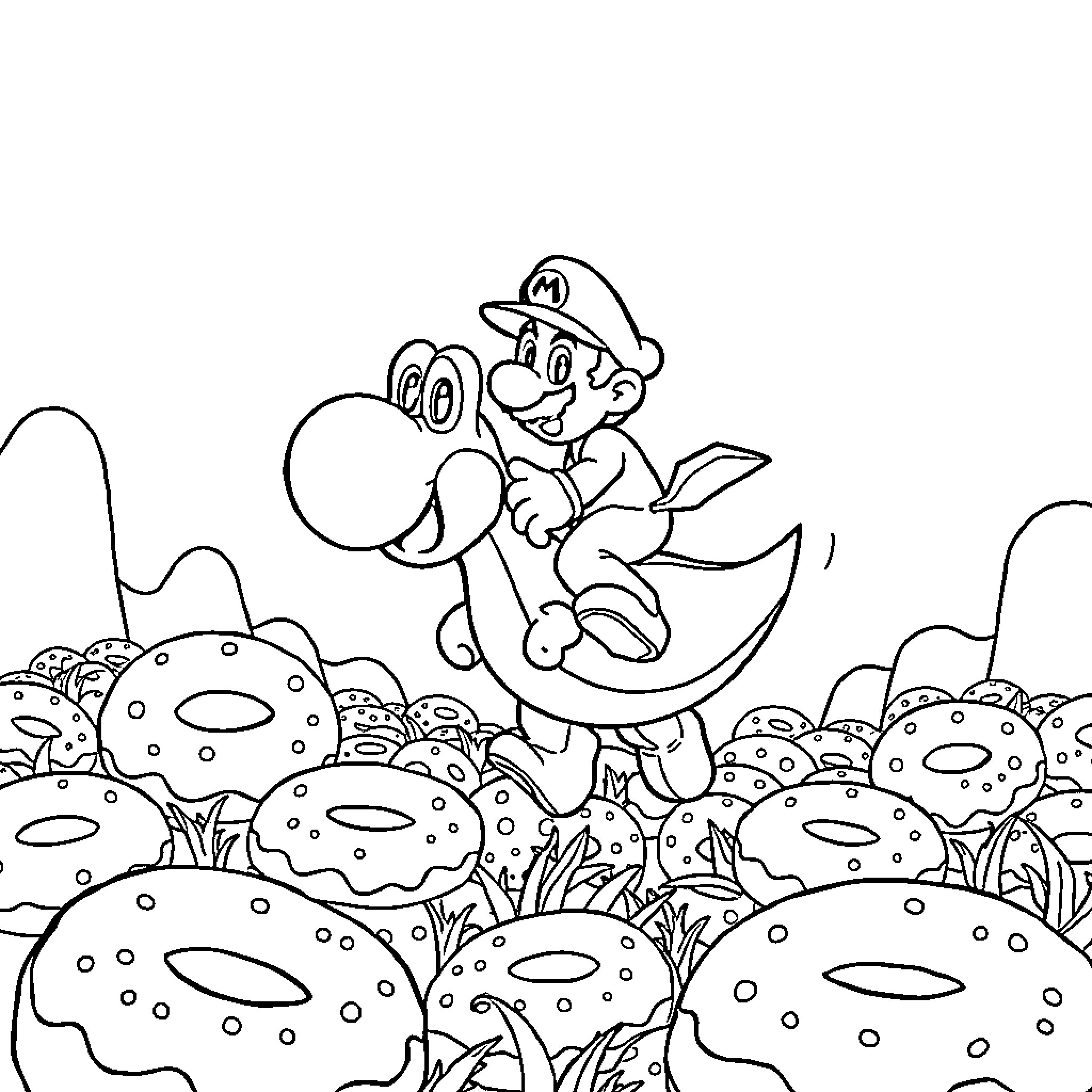 Mario exploring a whimsical mushroom landscape Coloring Page (free black-and-white line drawing printable PDF for all, from beginners to advanced learners, including children, teens, adults, and seniors)
