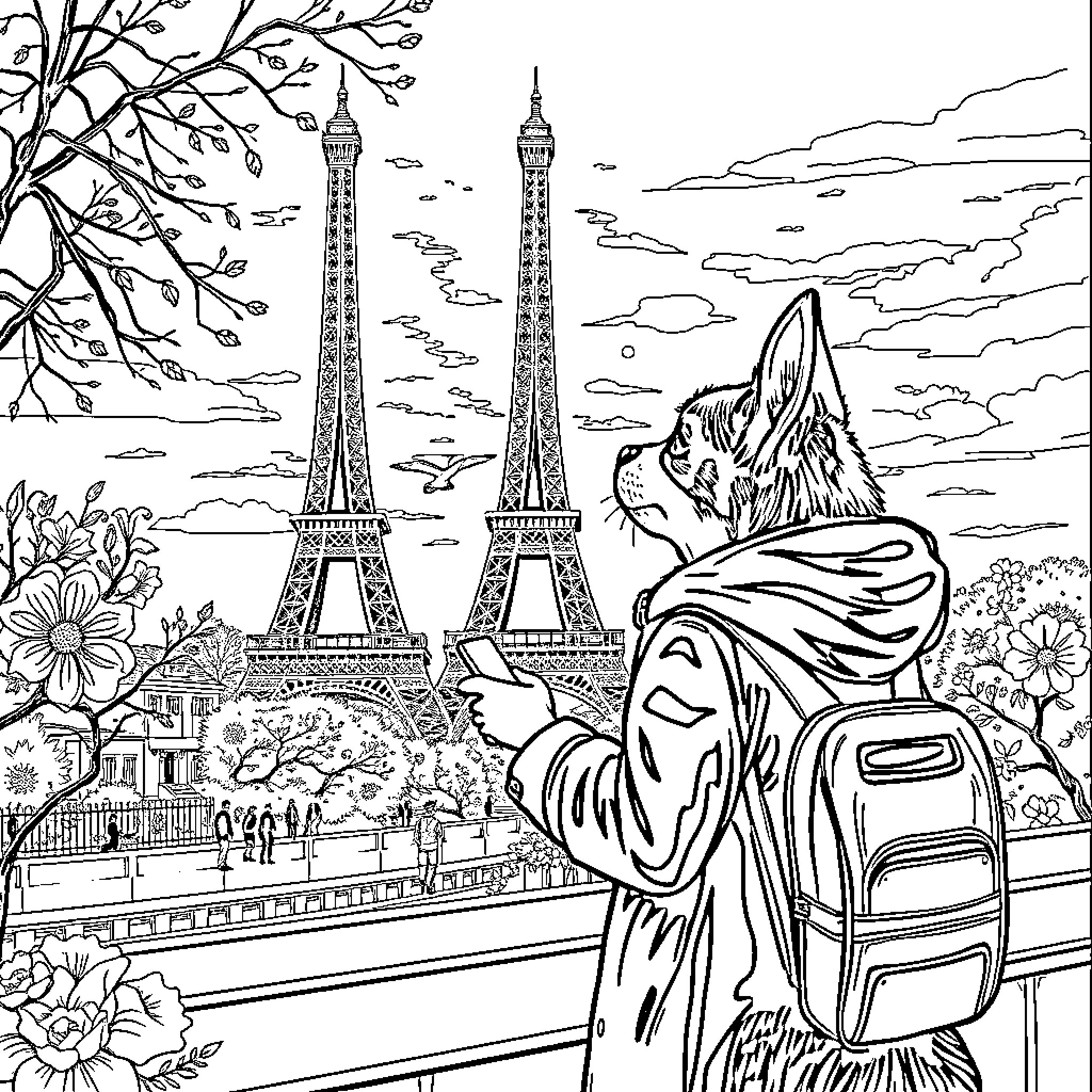 Patrulla Canina Explores the Eiffel Tower in Paris Coloring Page (free black-and-white line drawing printable PDF for all, from beginners to advanced learners, including children, teens, adults, and seniors)