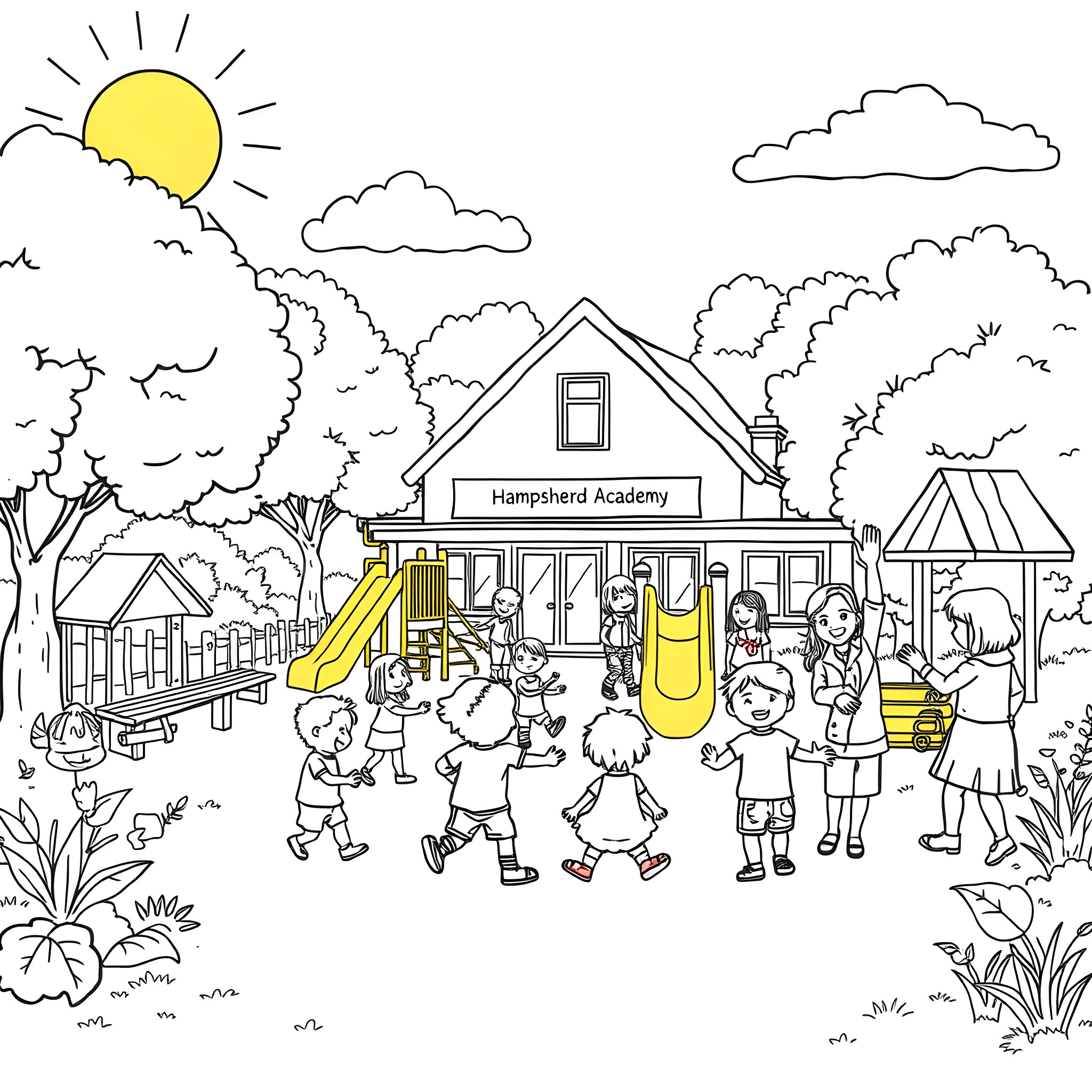 Preschool children playing at the academy Coloring Page (free black-and-white line drawing printable PDF for all, from beginners to advanced learners, including children, teens, adults, and seniors)