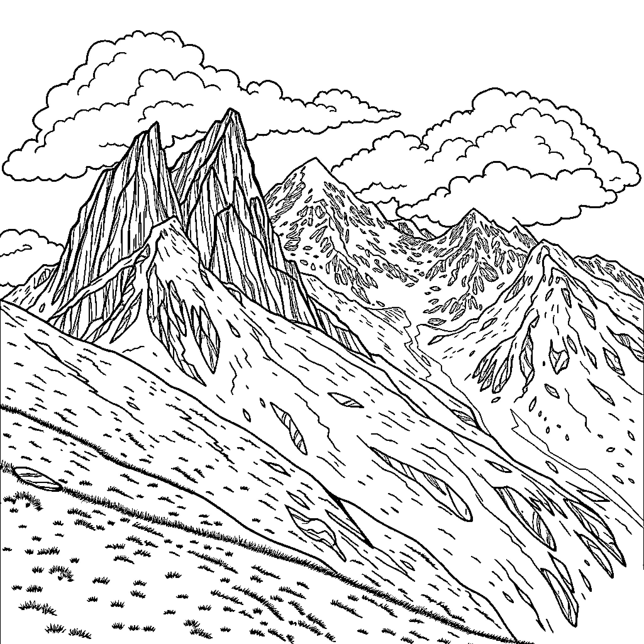 Mountain landscape with rugged peaks and cloudy sky Coloring Page (free black-and-white line drawing printable PDF for all, from beginners to advanced learners, including children, teens, adults, and seniors)