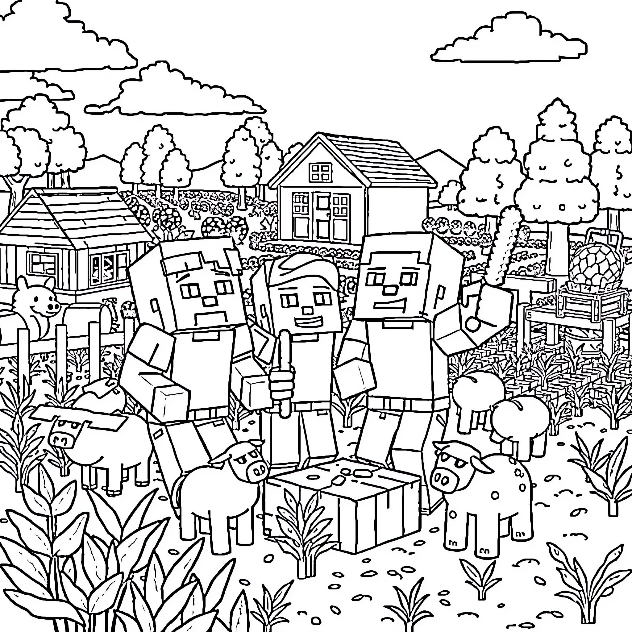 Minecraft Characters Exploring the Peaceful Countryside Coloring Page (free black-and-white line drawing printable PDF for all, from beginners to advanced learners, including children, teens, adults, and seniors)
