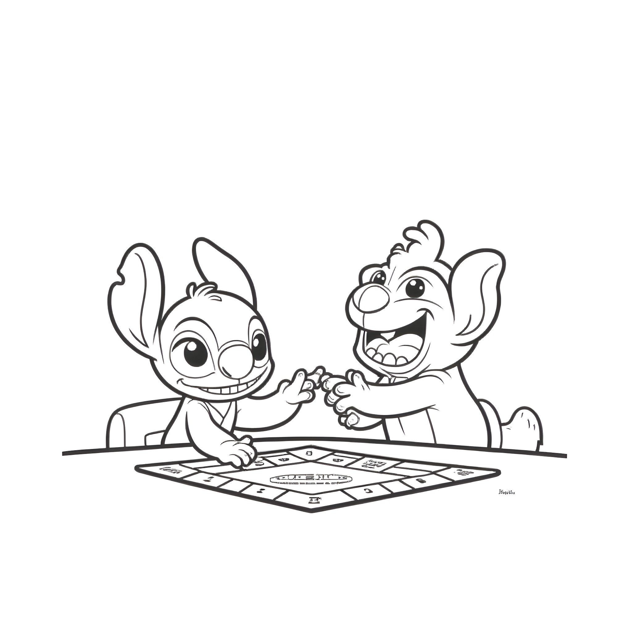 Lilo and Stitch playing a game together Coloring Page (free black-and-white line drawing printable PDF for all, from beginners to advanced learners, including children, teens, adults, and seniors)