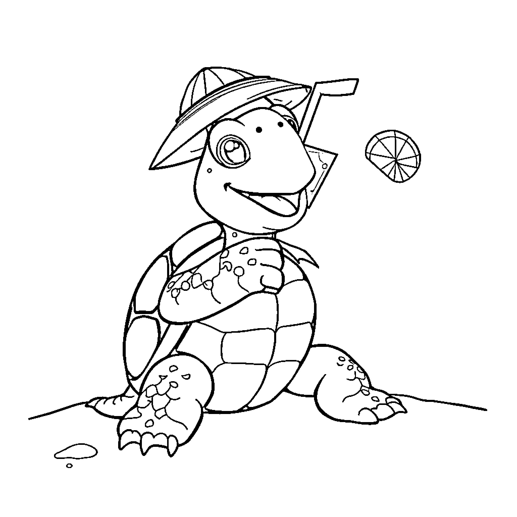Turtle explorer with telescope observing the sky Coloring Page (free black-and-white line drawing printable PDF for all, from beginners to advanced learners, including children, teens, adults, and seniors)