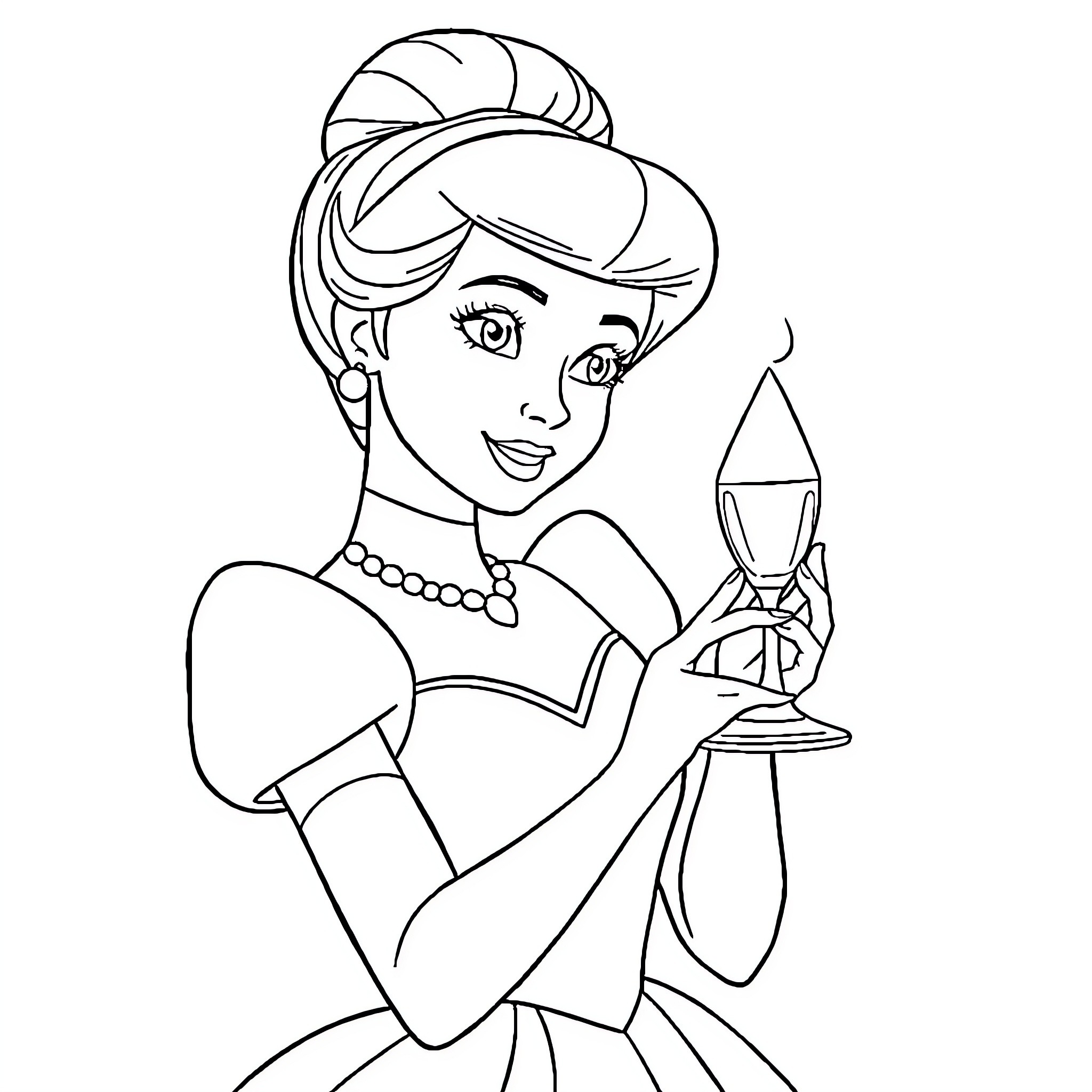 Cinderella elegantly holding a glass slipper Coloring Page (free black-and-white line drawing printable PDF for all, from beginners to advanced learners, including children, teens, adults, and seniors)