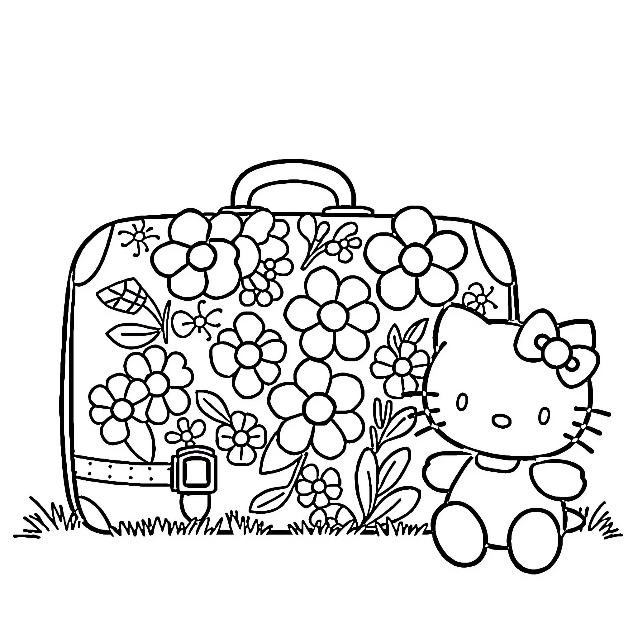Hello Kitty enjoying a floral suitcase Coloring Page (free black-and-white line drawing printable PDF for all, from beginners to advanced learners, including children, teens, adults, and seniors)