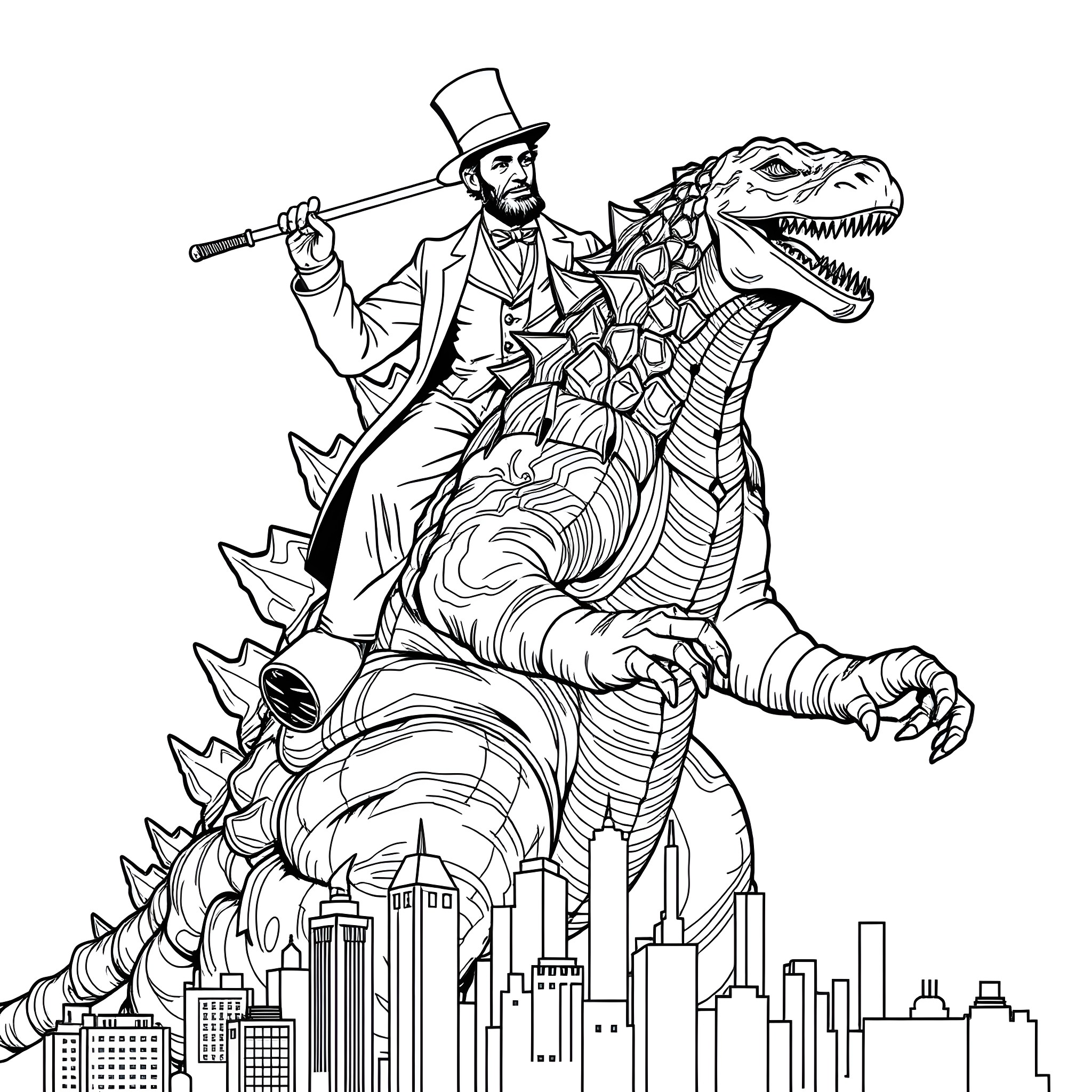 Abraham Lincoln riding a ferocious dinosaur above the city Coloring Page (free black-and-white line drawing printable PDF for all, from beginners to advanced learners, including children, teens, adults, and seniors)