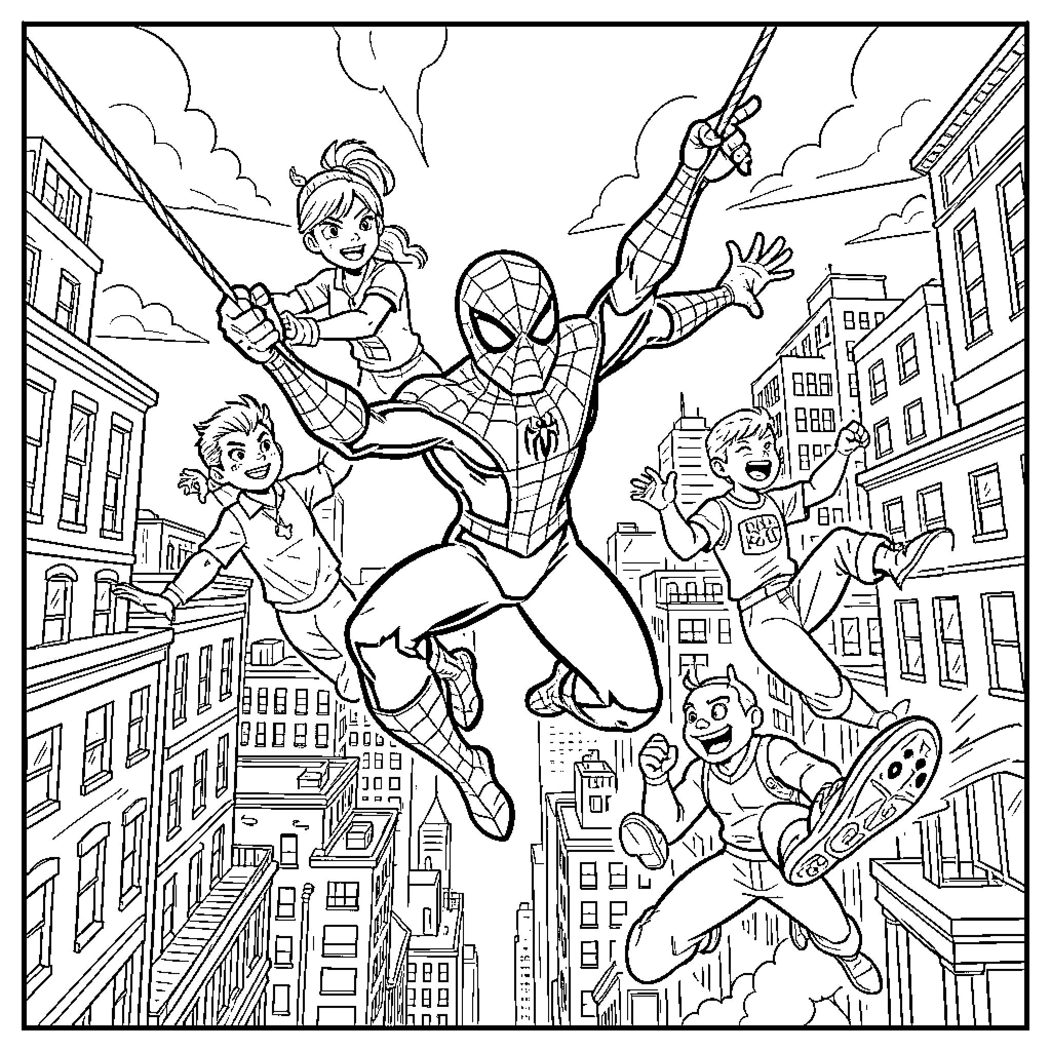 Spidey swinging through city with group of friends Coloring Page (free black-and-white line drawing printable PDF for all, from beginners to advanced learners, including children, teens, adults, and seniors)
