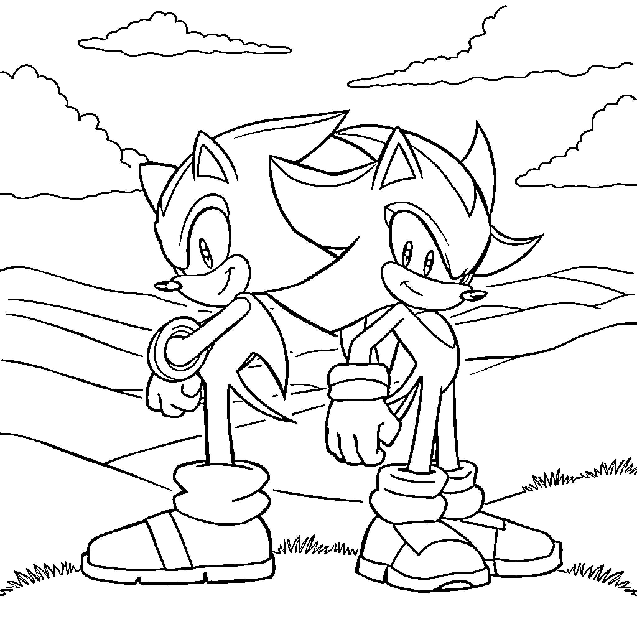 Sonic characters on a scenic landscape Coloring Page (free black-and-white line drawing printable PDF for all, from beginners to advanced learners, including children, teens, adults, and seniors)