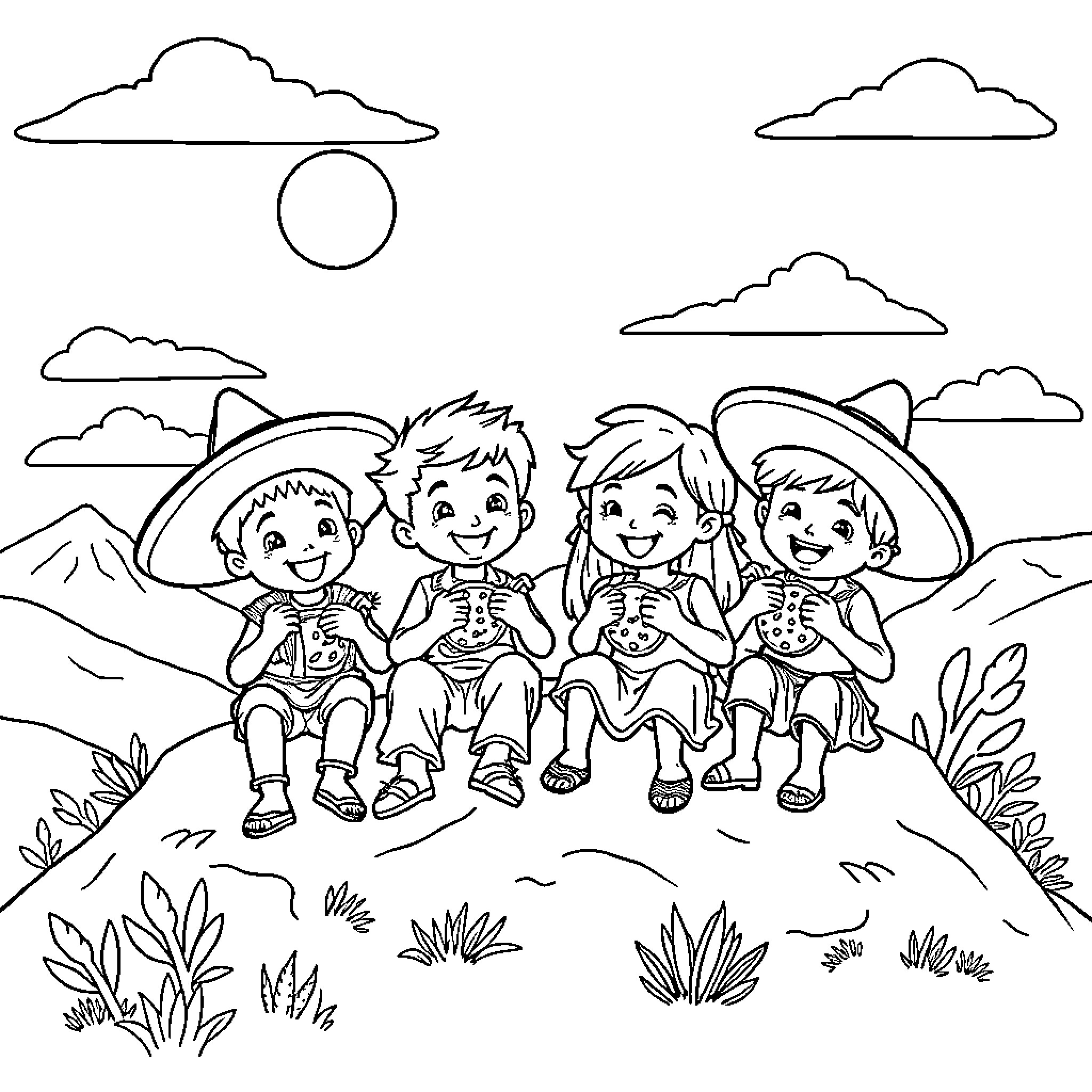 Taco Time with Playful Friends Coloring Page (free black-and-white line drawing printable PDF for all, from beginners to advanced learners, including children, teens, adults, and seniors)