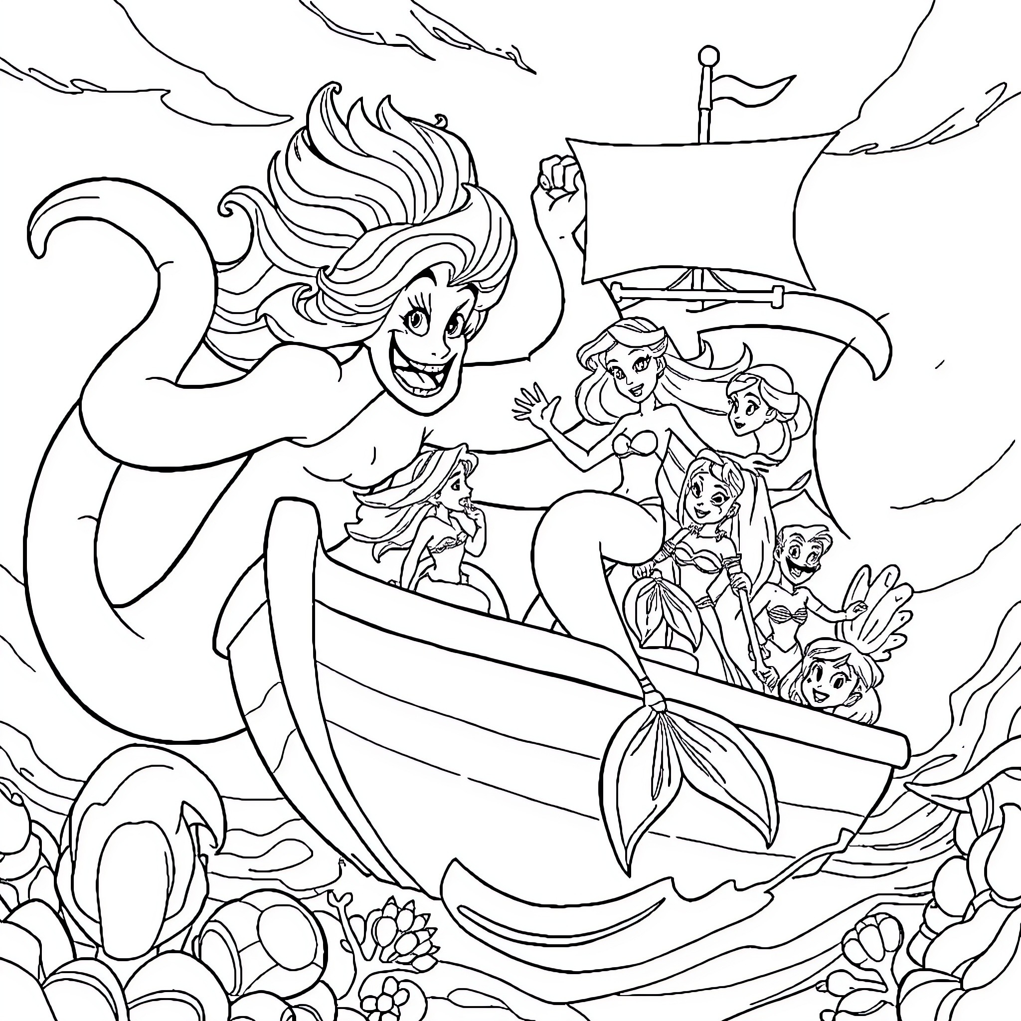 Ariel and friends sailing on a boat adventure Coloring Page (free black-and-white line drawing printable PDF for all, from beginners to advanced learners, including children, teens, adults, and seniors)