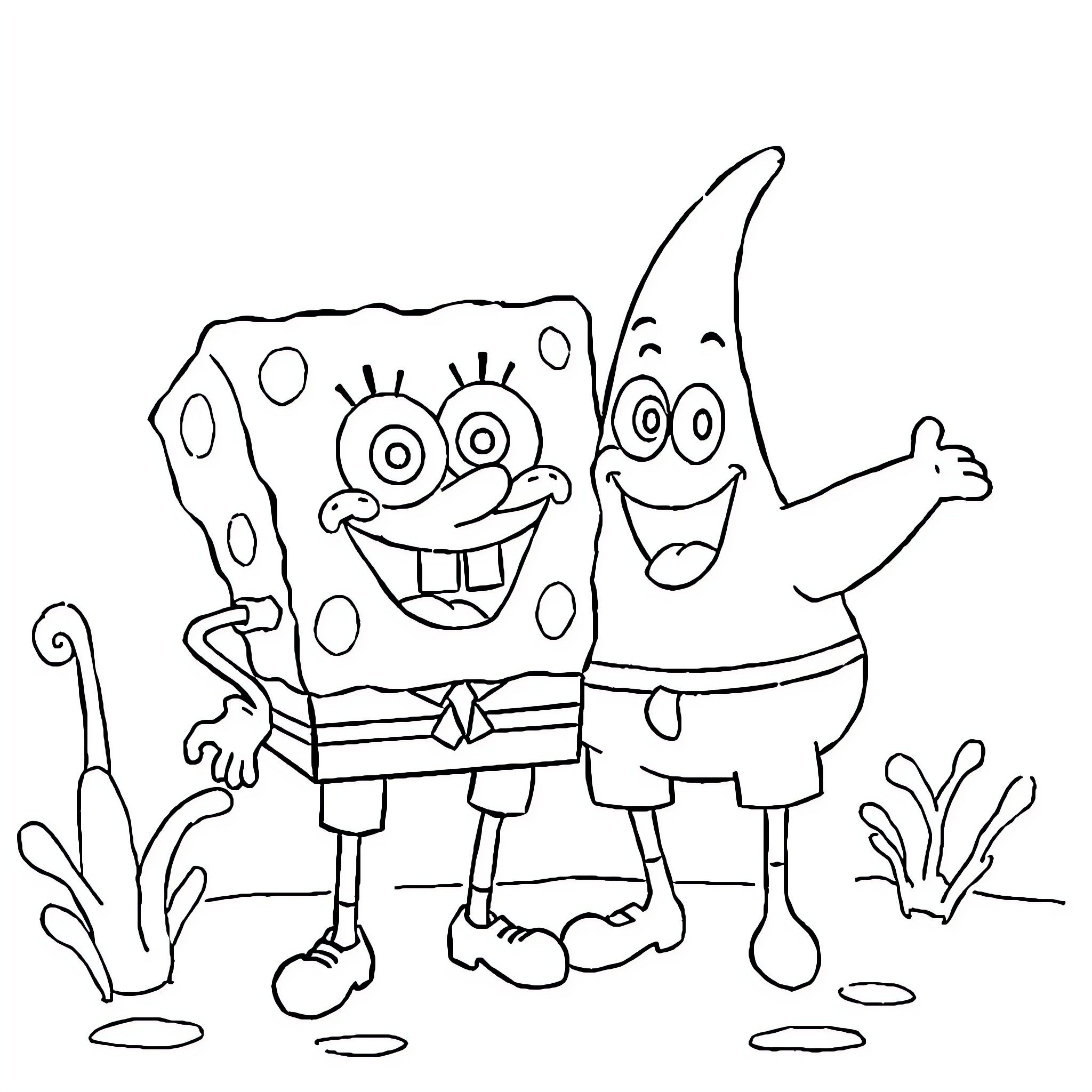 Spongebob and Patrick in a cheerful scene Coloring Page (free black-and-white line drawing printable PDF for all, from beginners to advanced learners, including children, teens, adults, and seniors)
